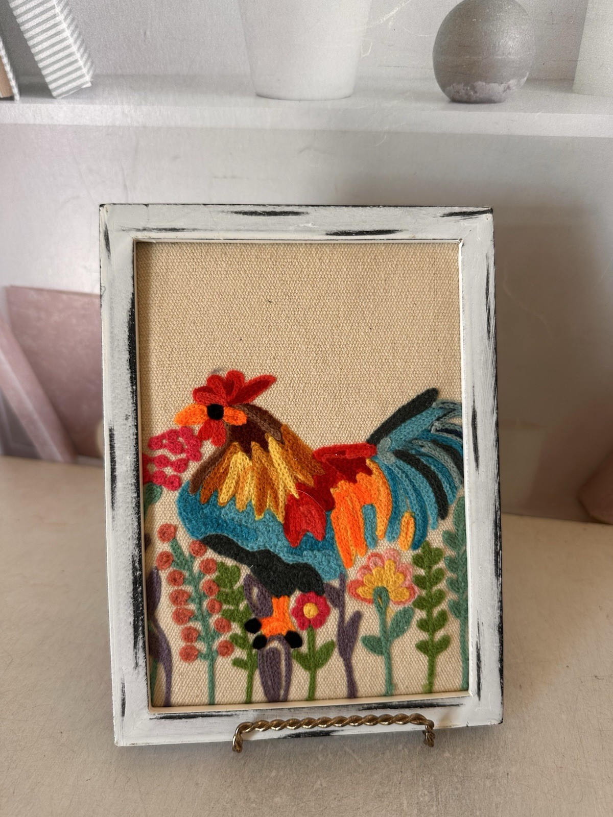 Vintage Rooster Fiber Art Framed