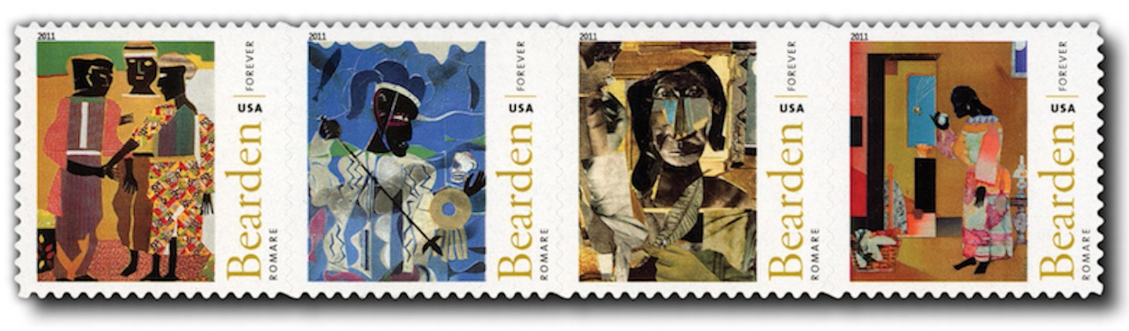 4 Mint ROMARE BEARDEN Stamps: NYC African American Artist, Collage Art, Collages