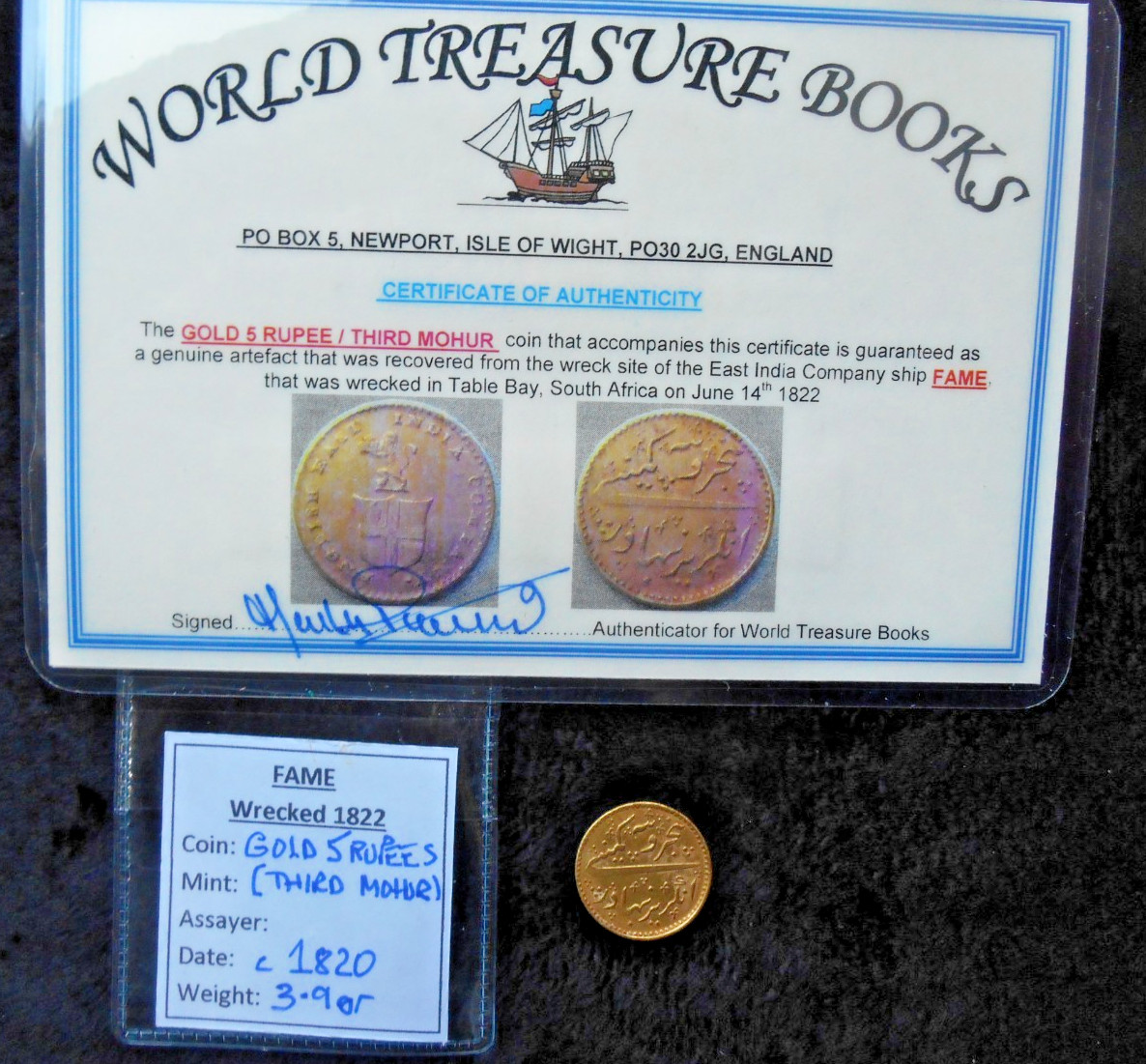 SHIPWRECK treasure GOLD 5 RUPEE coin MOHUR EAST INDIA CO ship FAME wreck 1819/20