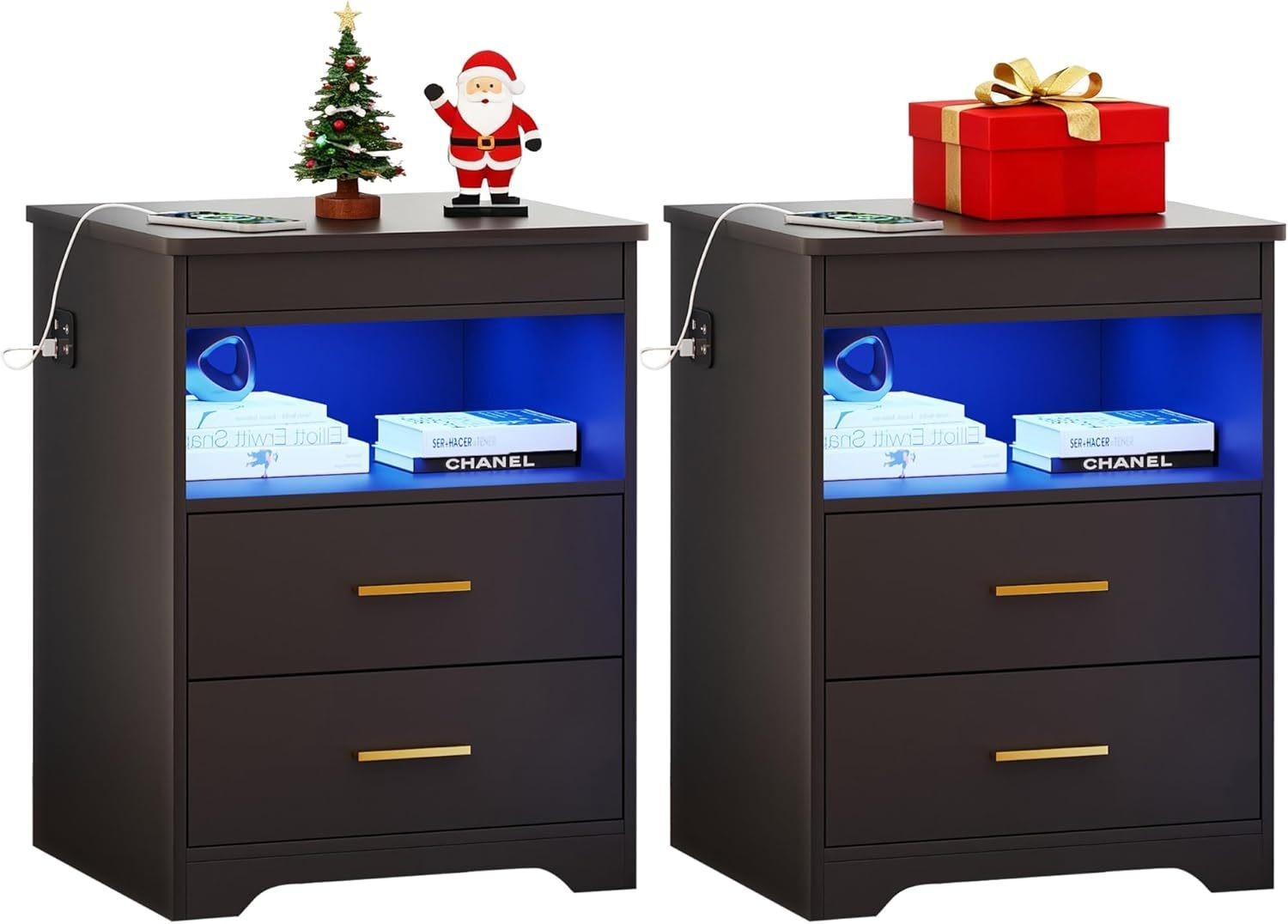 LED Nightstand Set of 2 with Gun Drawer, Bedside Table with USB & Type-C Port