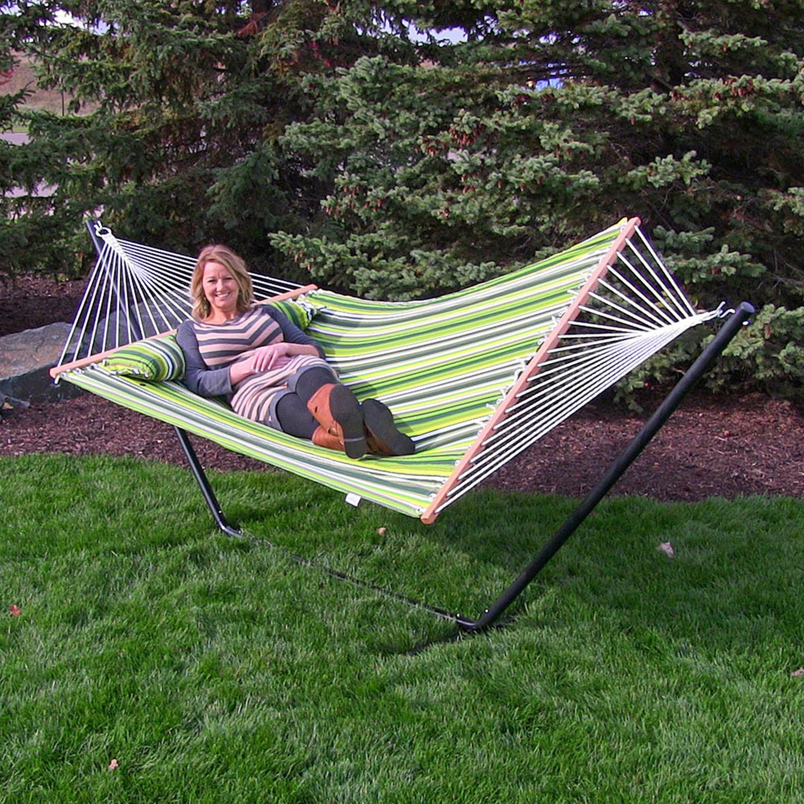 Large Quilted Hammock with Spreader Bar and Pillow - Melon Stripe by Sunnydaze