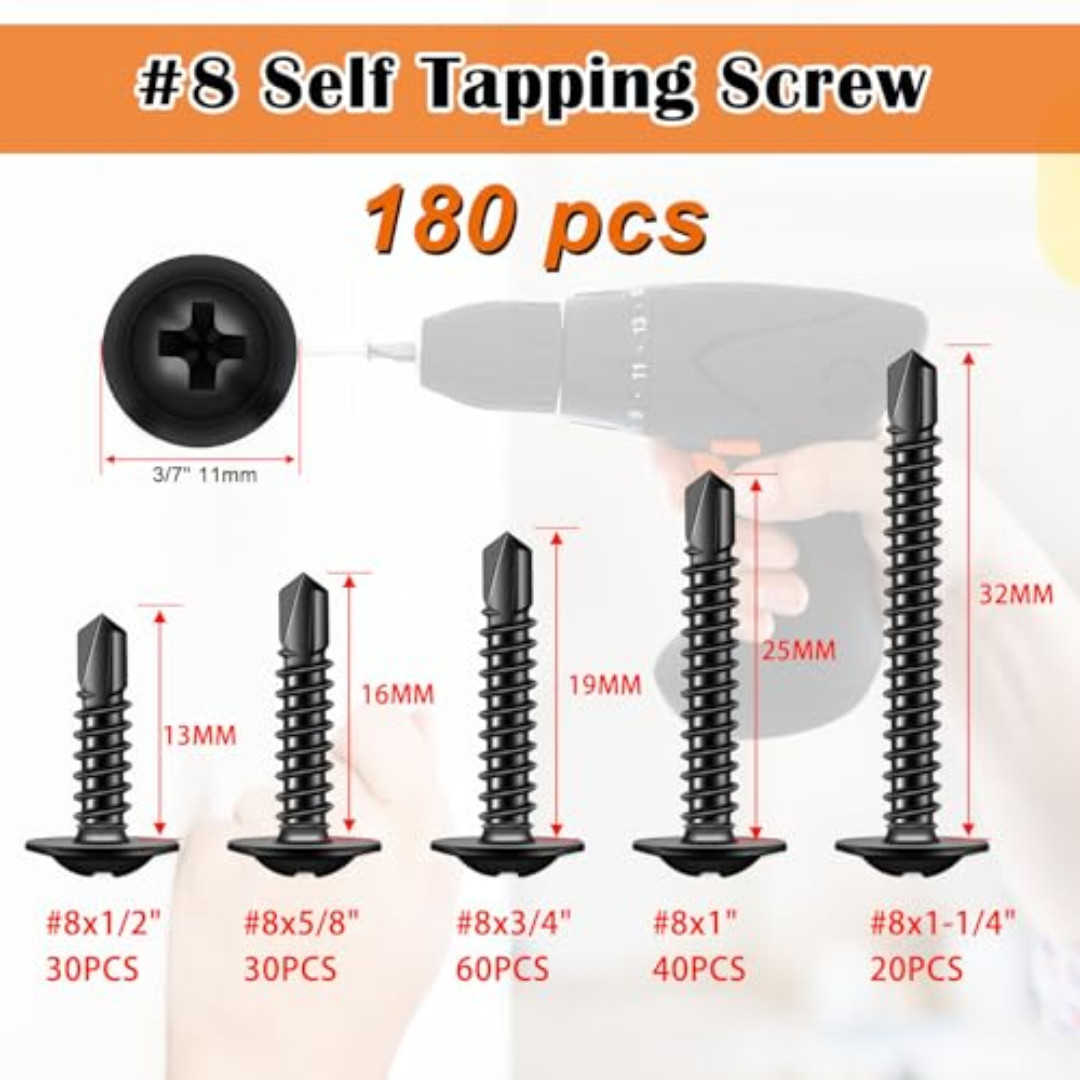180pcs #8 Self Tapping Screws for Metal, Sheet Metal Screws, 410 Stainless Steel