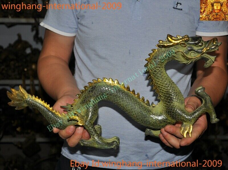 Old Chinese China Feng Shui Bronze Gilt lucky wealth zodiac animal Dragon statue