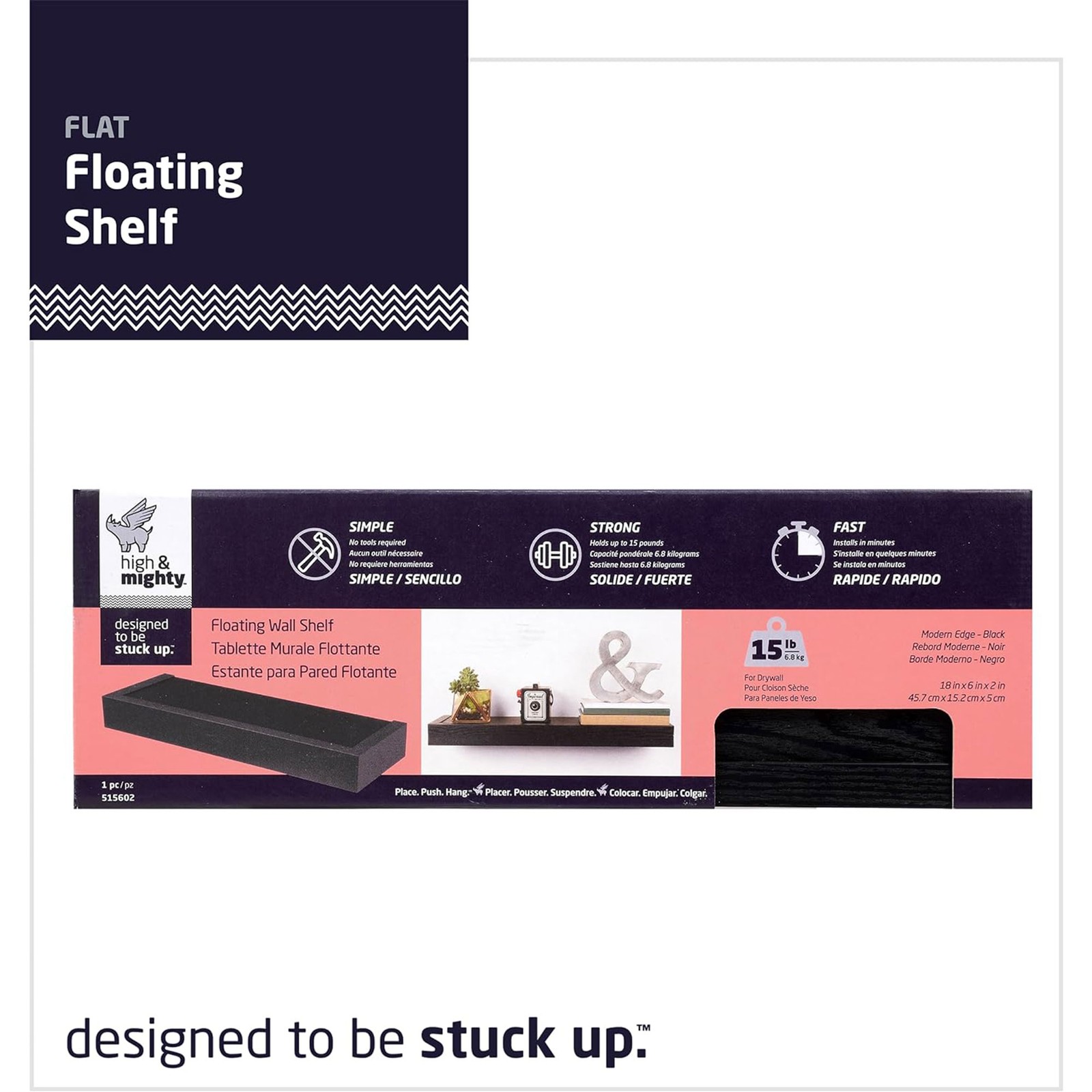 High & Mighty 18 Inch Modern Floating Shelf Holds Up To 15 lbs, Black (2 Pack)