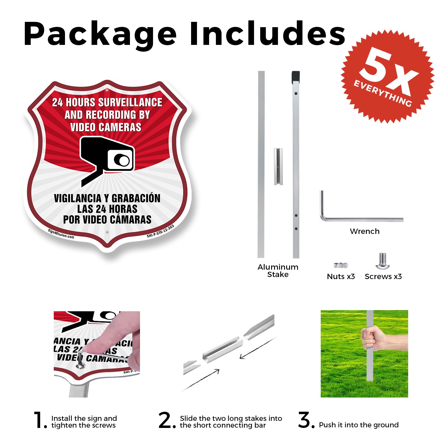 Bilingual 24 Hour Surveillance Shield Sign 24 Hour Surve Shield Sign With Stake