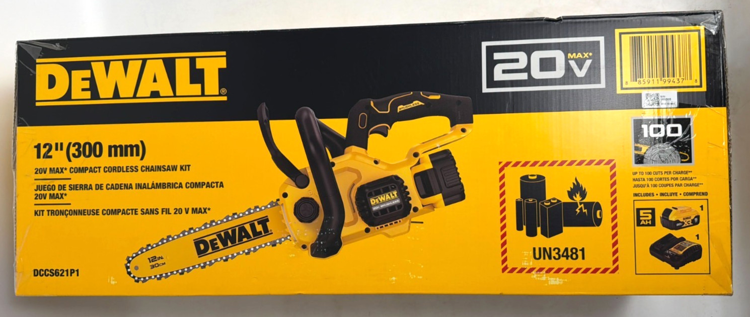 [NEW] (DCCS621P1) DEWALT 20V MAX* 12 in. Compact Brushless Cordless Chainsaw Kit