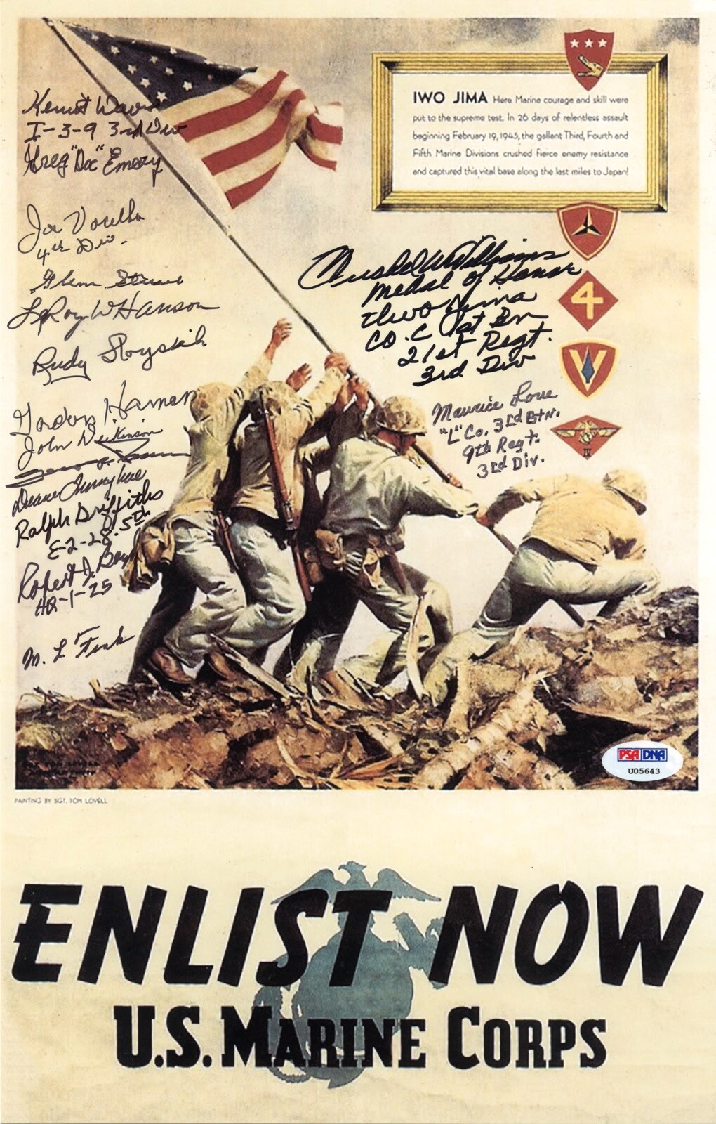 IWO JIMA VETERANS MULTI SIGNED 9X14 ENLIST NOW PHOTO PSA DNA X15 RARE