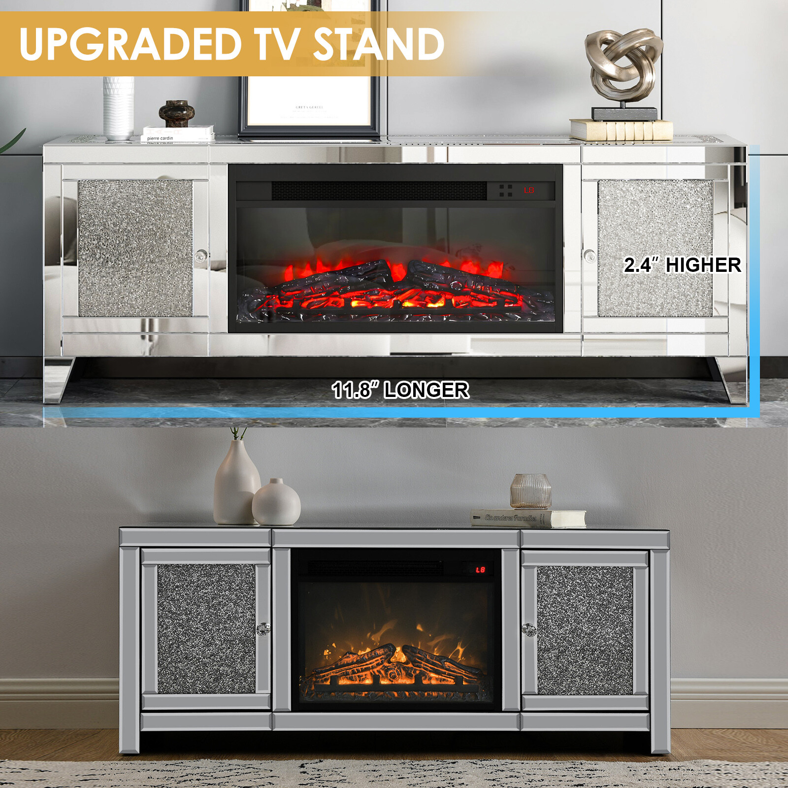 COSVALVE 59"Mirrored Fireplace TV Stand Entertainment Center Crush Diamond 2Door