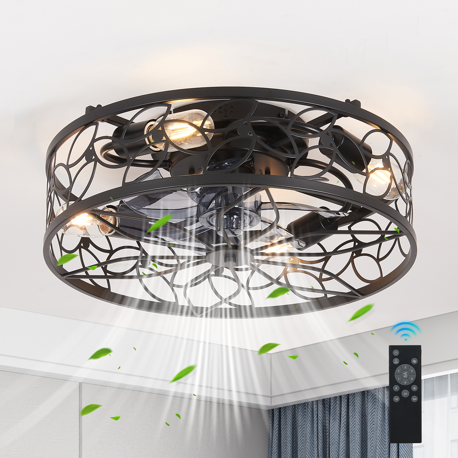 18" Black Caged Ceiling Fan Light Farmhouse Flush Mount with Remote Control kit