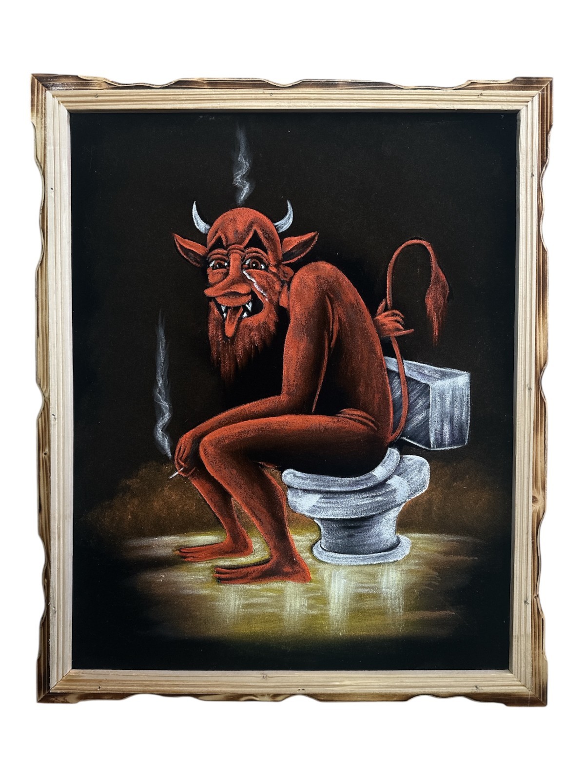 DEVIL ON THE TOILET , 18"X 22" HAND PAINTED,VELVET PAINTING, VINTAGE, WOOD FRAME