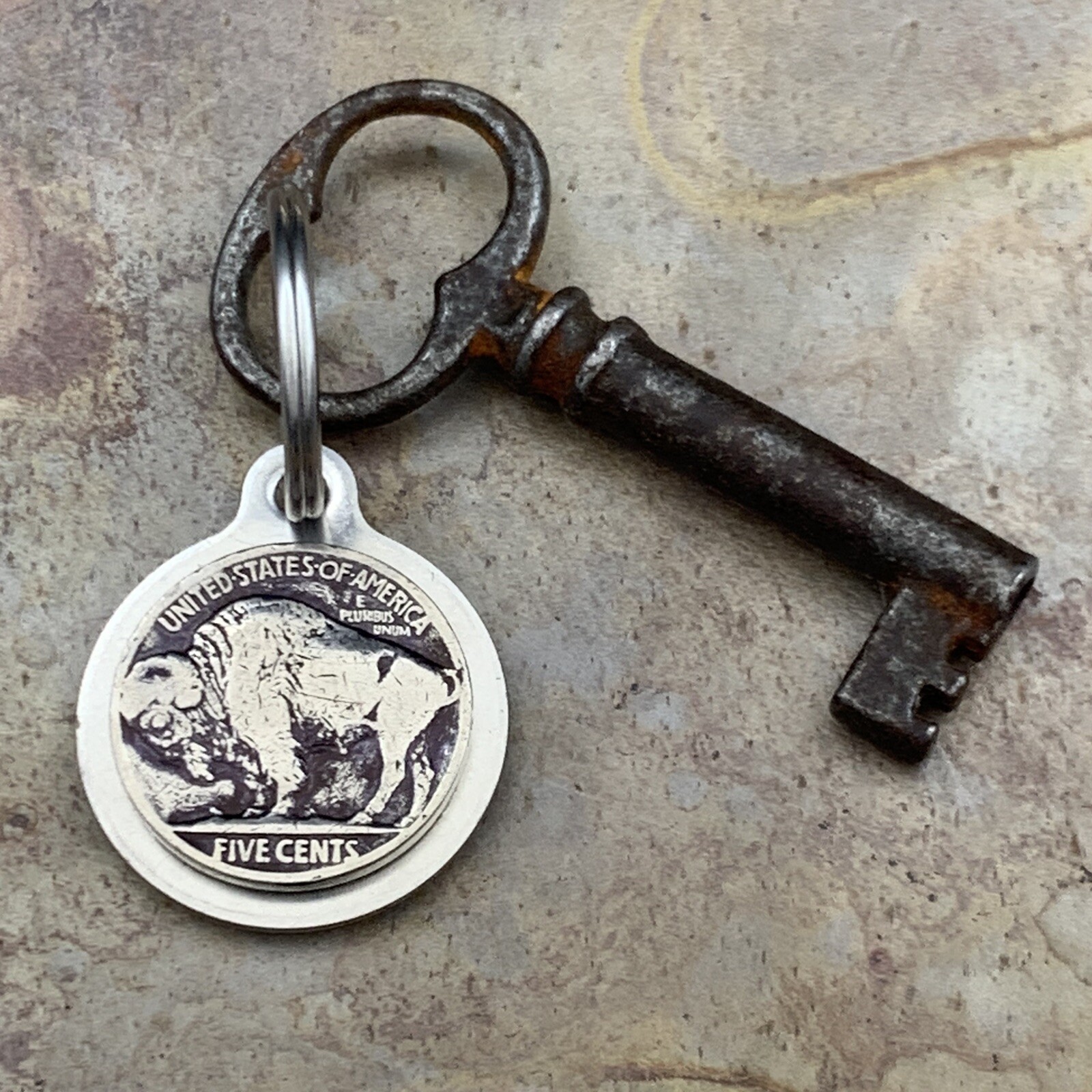 Vintage Buffalo Bison Stainless Steel Key Chain, Nickel 5 Cents