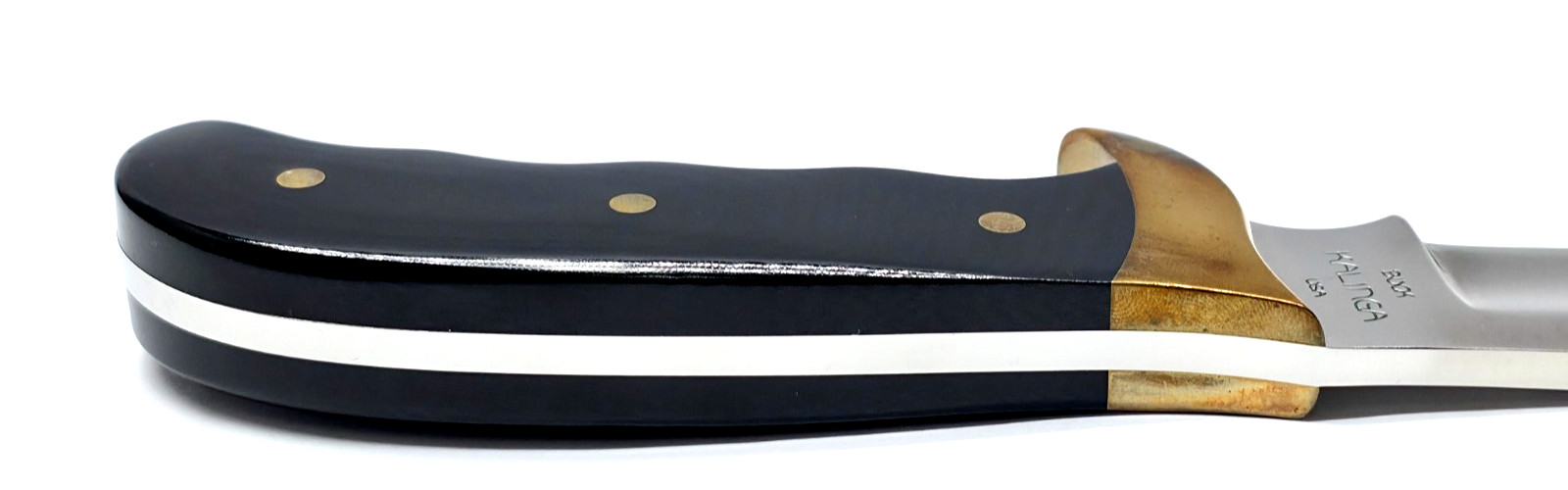 Buck Kalinga knife with black handle and brown leather sheath