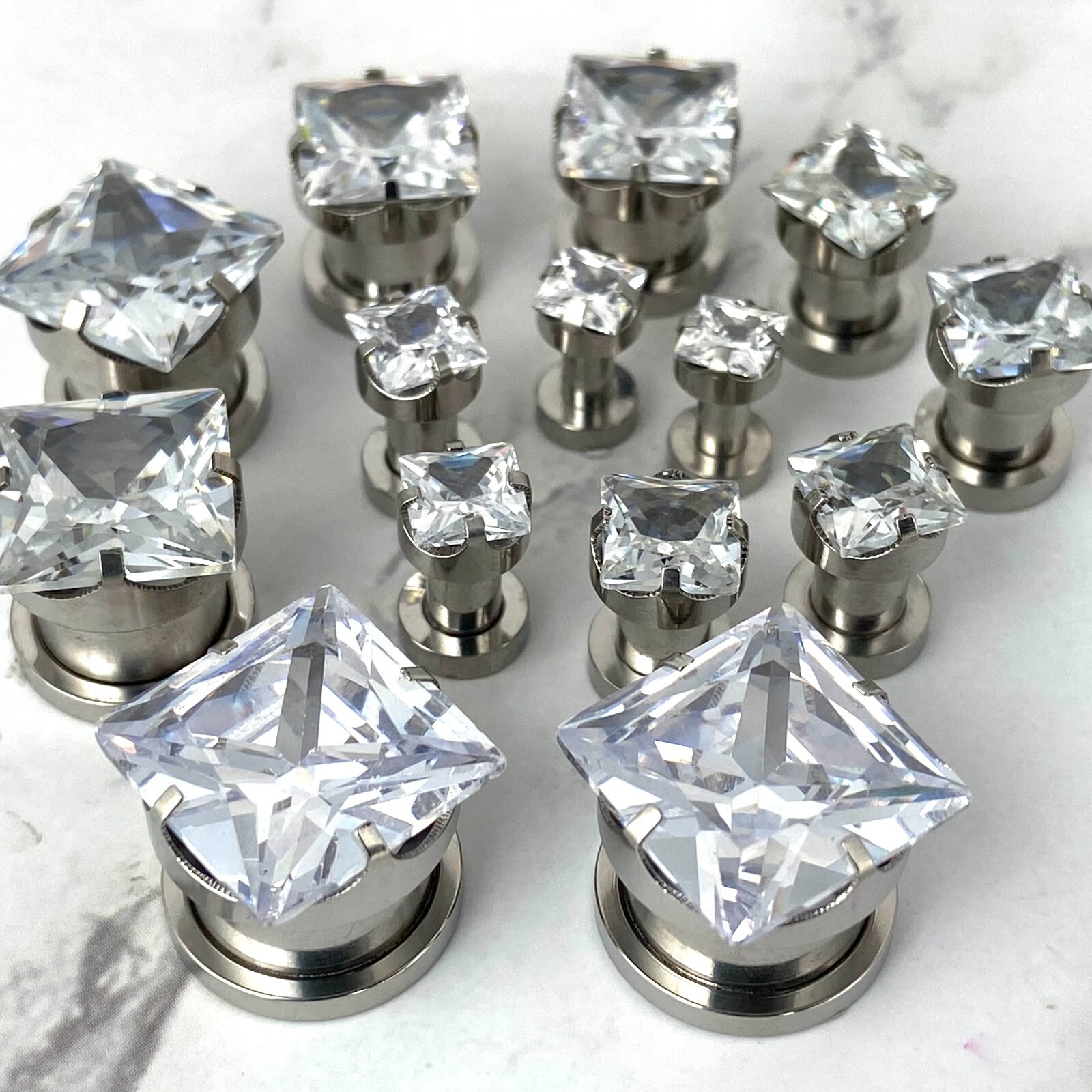 Pair of Prong Set 316L Steel Square CZ Screw on Plugs gauges