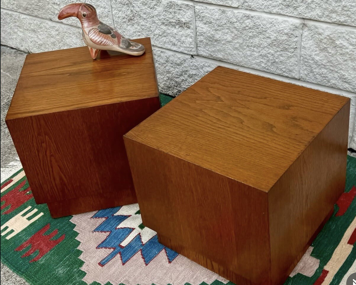Pair of Walnut Mid Century Modern Cube Shape Side End Tables Plinth Base