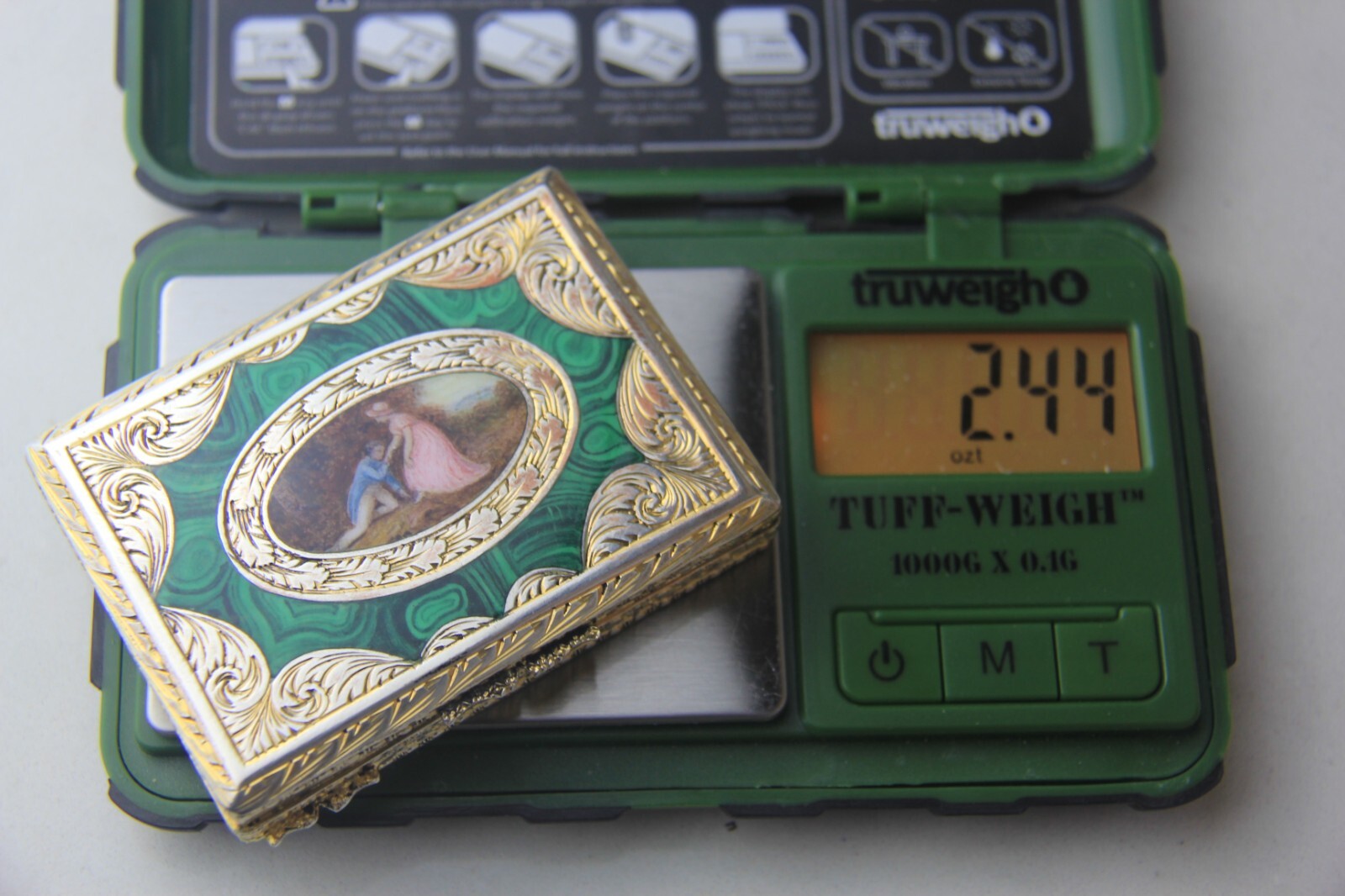 German Parcel Gilt 800 Silver & Enameled Rectangular Snuff Box w/ Courting Scene