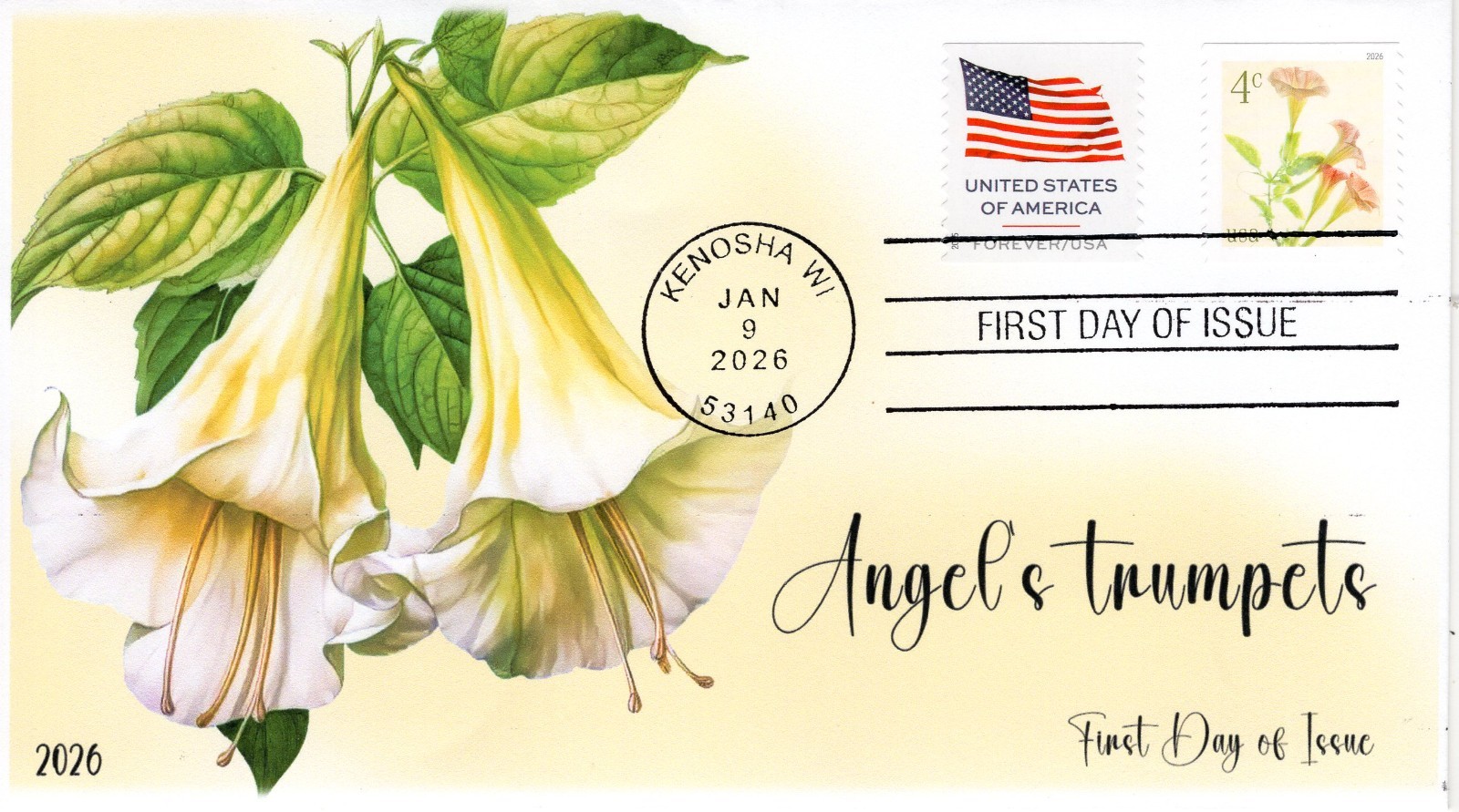 26-002, 2026, Angels Trumpets,  First Day Cover, Standard Postmark, Kenosha WI,
