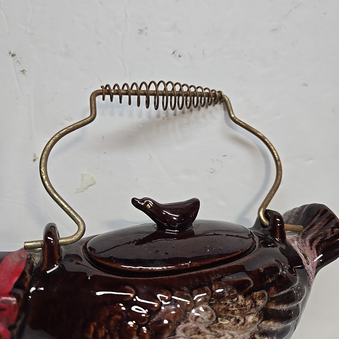 Vintage 1950's Redware Bird Shaped Teapot with Metal Spirl Handle 10in Long