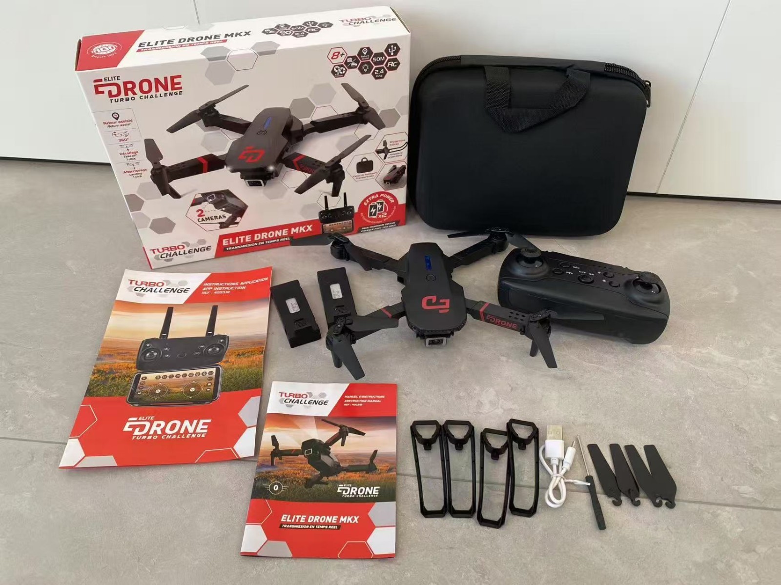 Turbo Challenge Elite Drone MKX Quadcopter 2 Cameras Foldable 360° Flip 2Battery