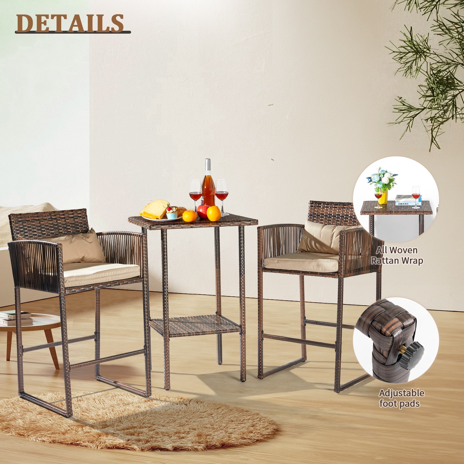 3 Pcs Bar Height Bistro Table Set High Top Wicker Bar with Cushions & Pillows