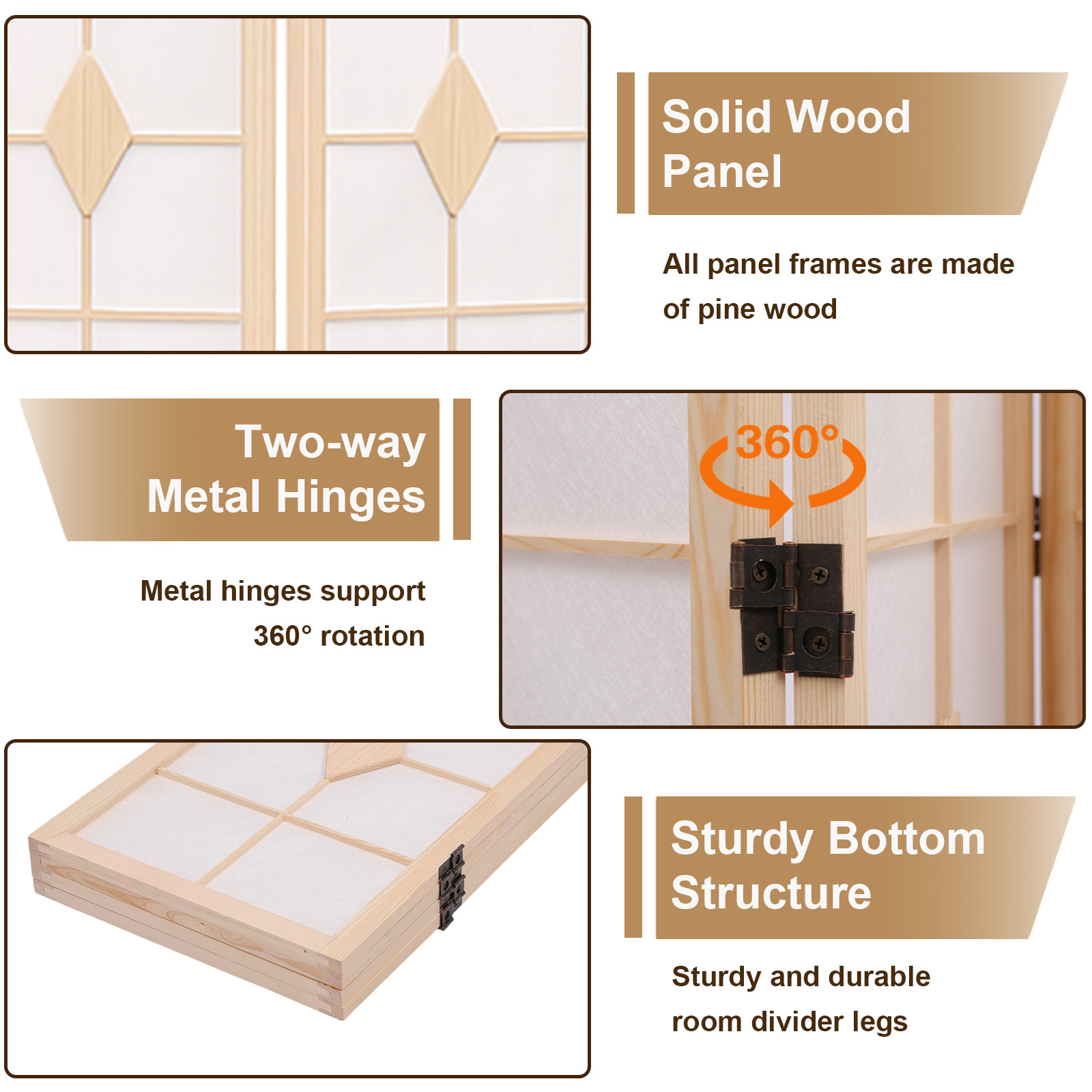 4 Panel Folding Room Dividers Wooden Privacy Screen Fabric Wall Separation White