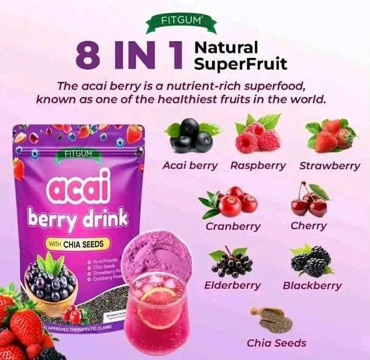 FITGUM Acai Berry Drink Powder with Chia Seeds 10 Sachets Daily Beverage