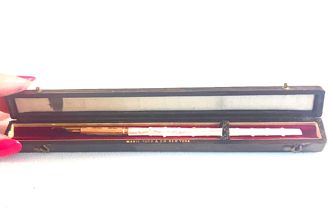 1890s Mabie Todd gold dip pen with mother of pearl handle  in original box