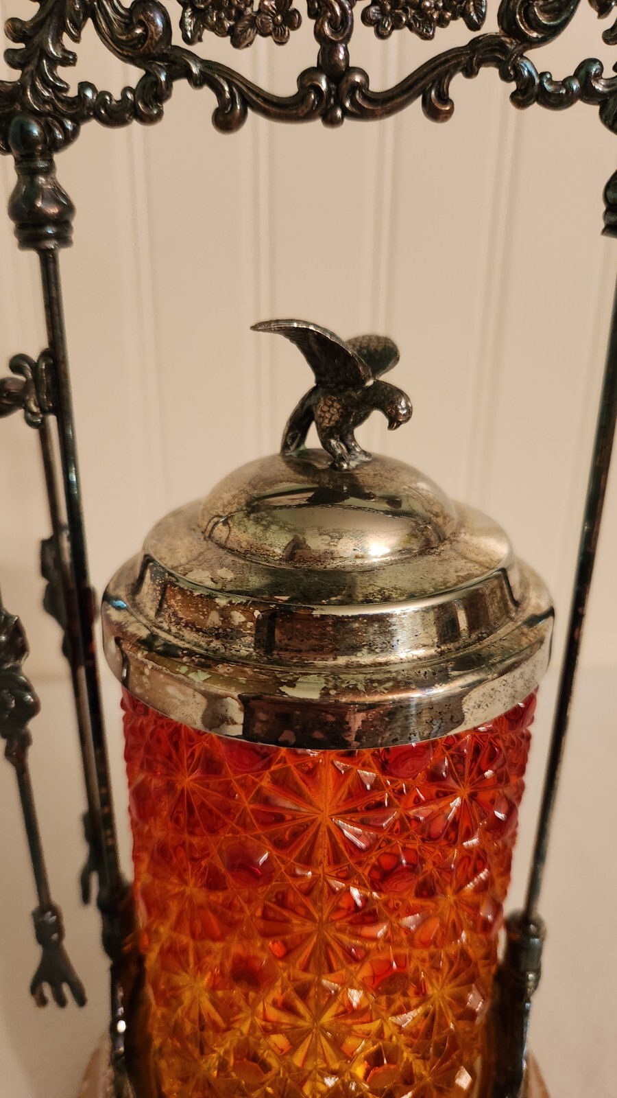 Antique Victorian Amberina Glass Daisy Button Pickle Castor Ornate Eagle Finial