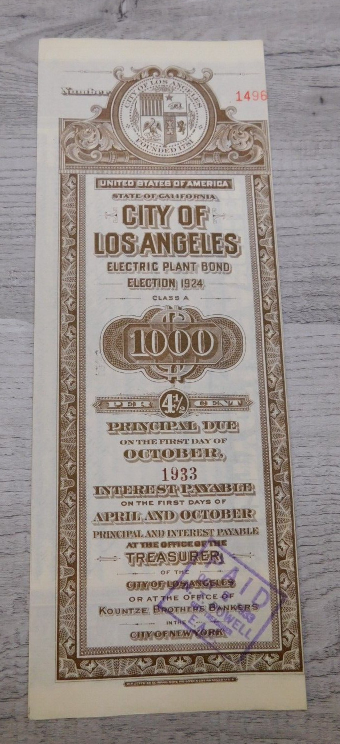 Vintage 1933 California City of Los Angeles Electric Plant Bond Election No 1496