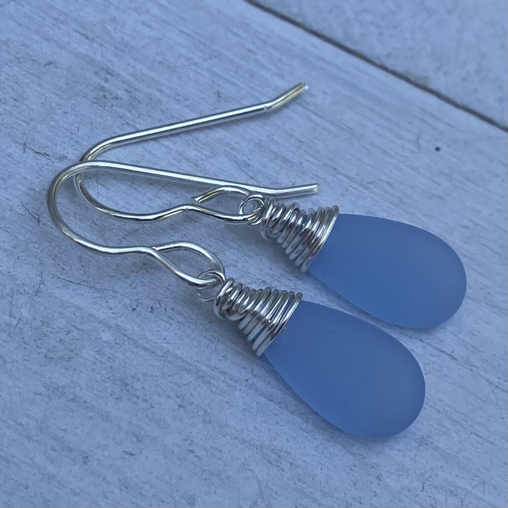 Min Favorit Pale Sky Blue Sea Glass Teardrop & Silver Pl Artisan Wrap Earrings