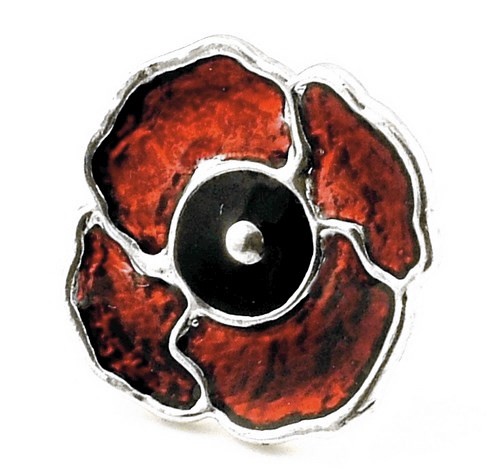 STERLING SILVER ENAMELLED POPPY TIE TACK 