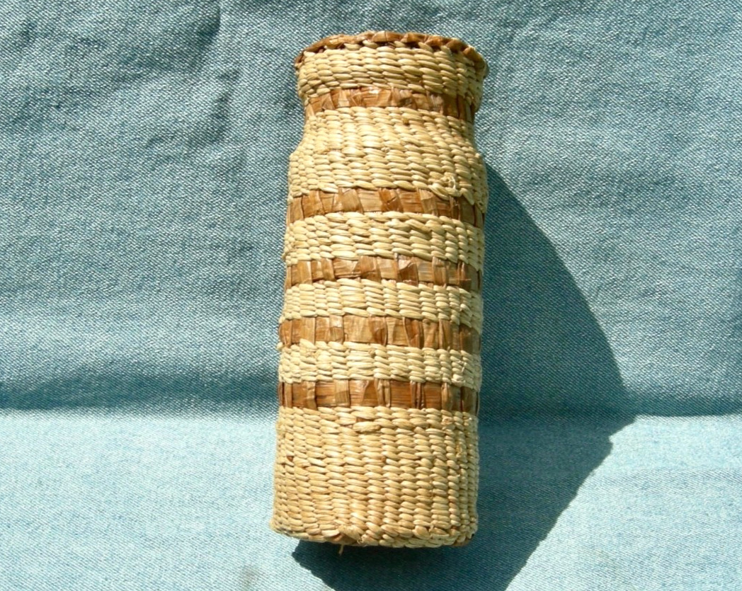 antique PACIFIC NW NATIVE AMERICAN NOOTKA, MAKAH HANDMADE BASKETRY GLASS JAR