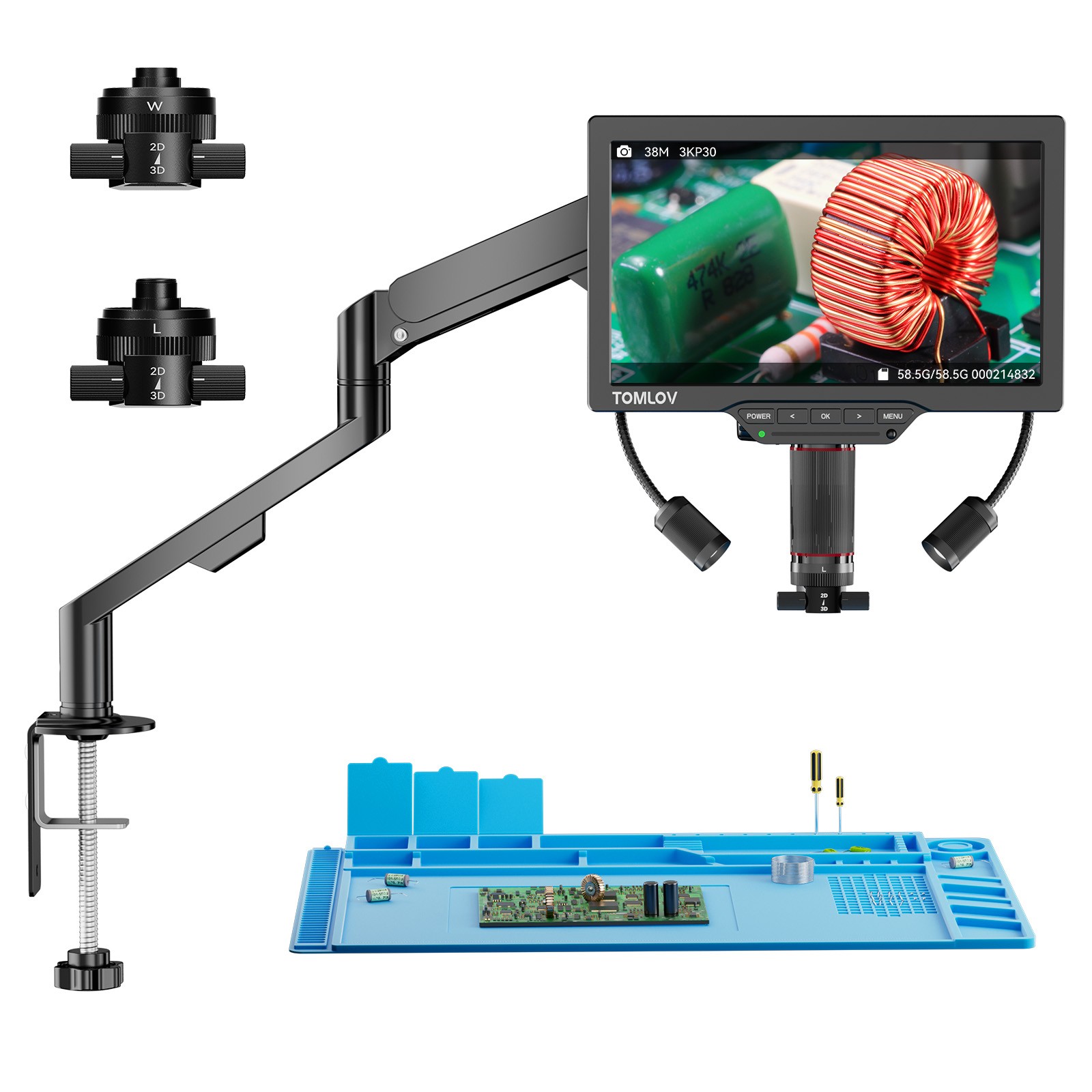 TOMLOV 3D Digital Soldering Microscope 38MP 2000X Coin Microscope Flex Arm 3K