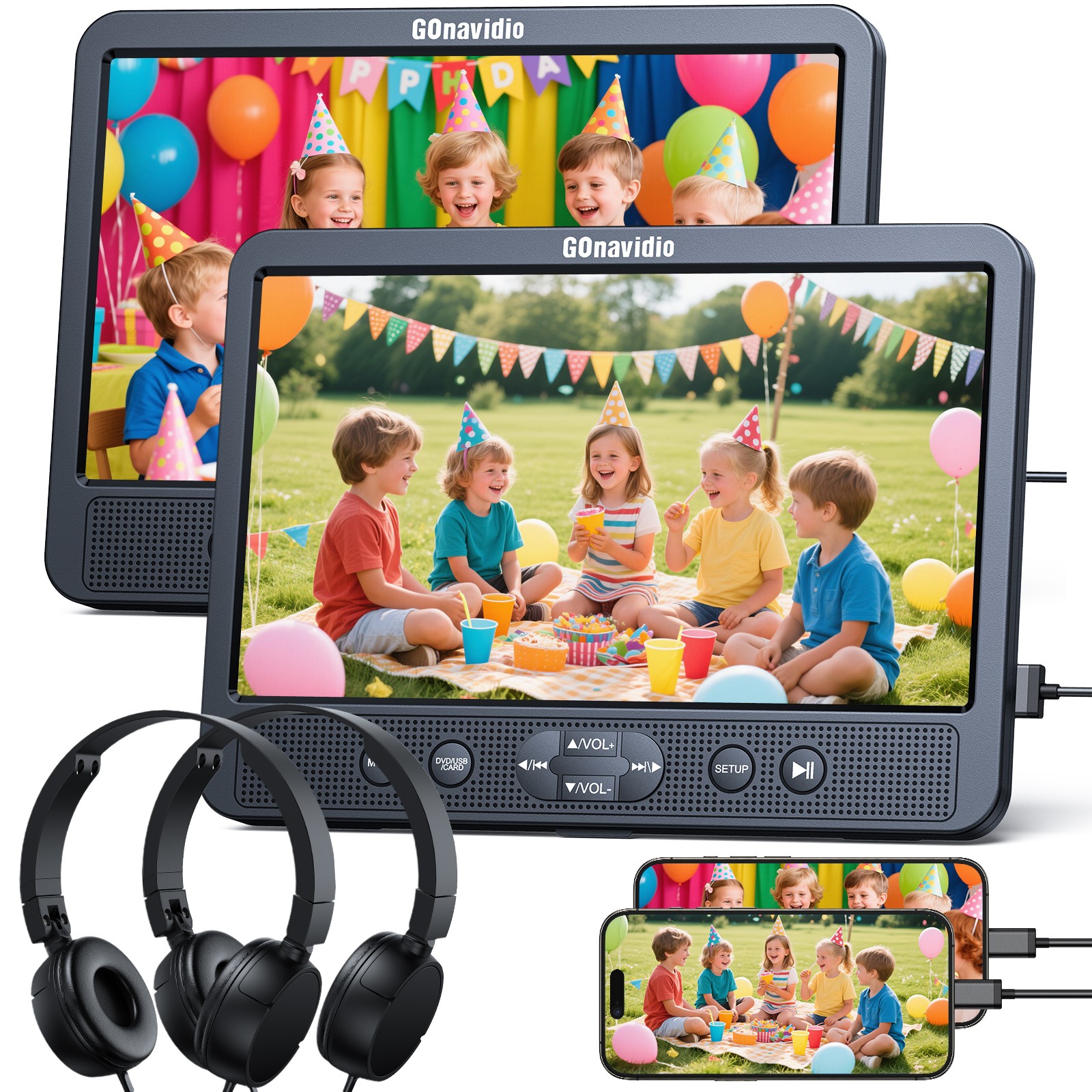 2x 10.5” Screen HD Car Headrest Monitor DVD Player for Kids USB HDMI w/ Headset