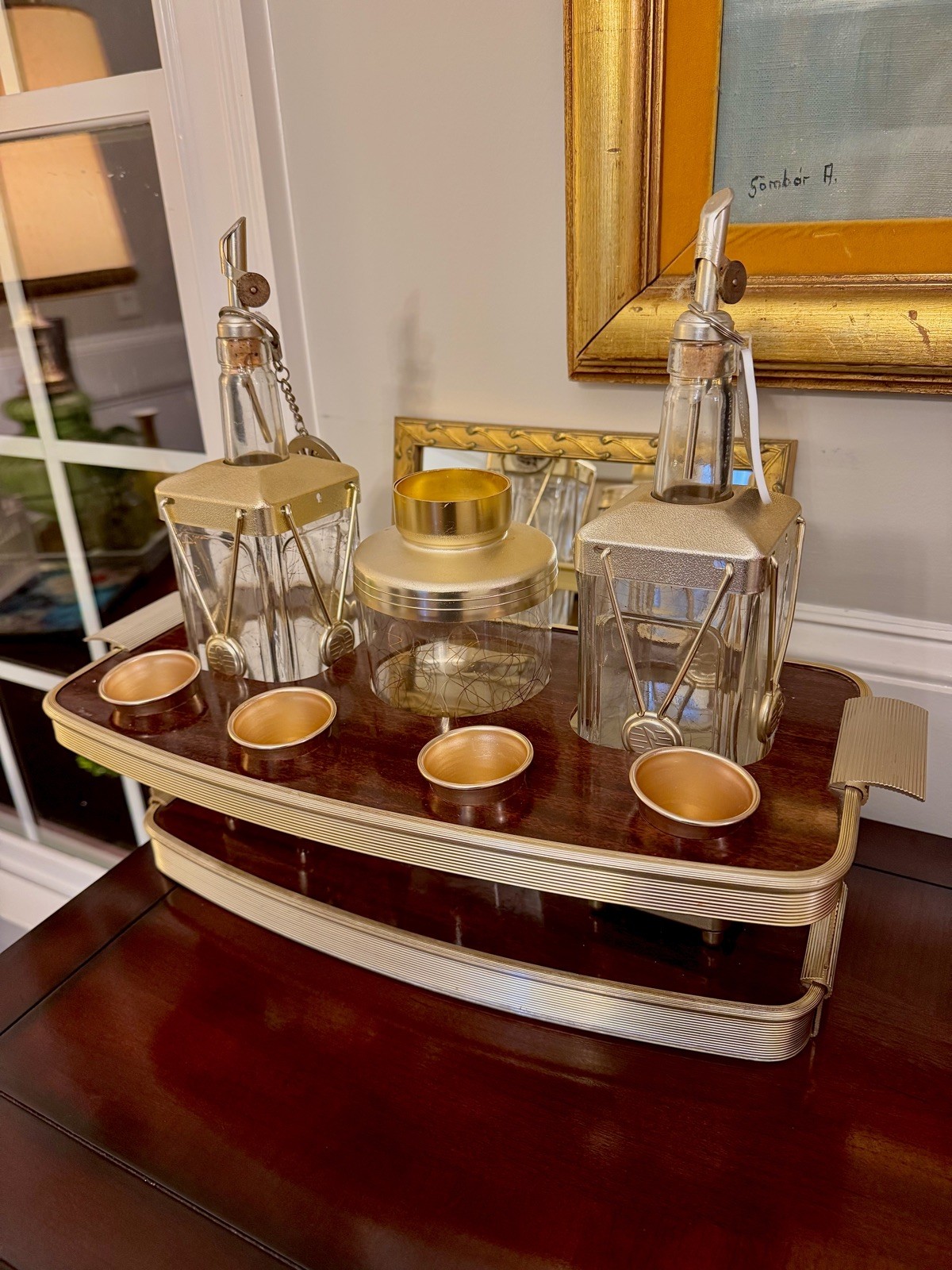 Epic Vintage MidCentury Wood/Brass Bar Set w Glassware & Caddy Don Draper / Bond
