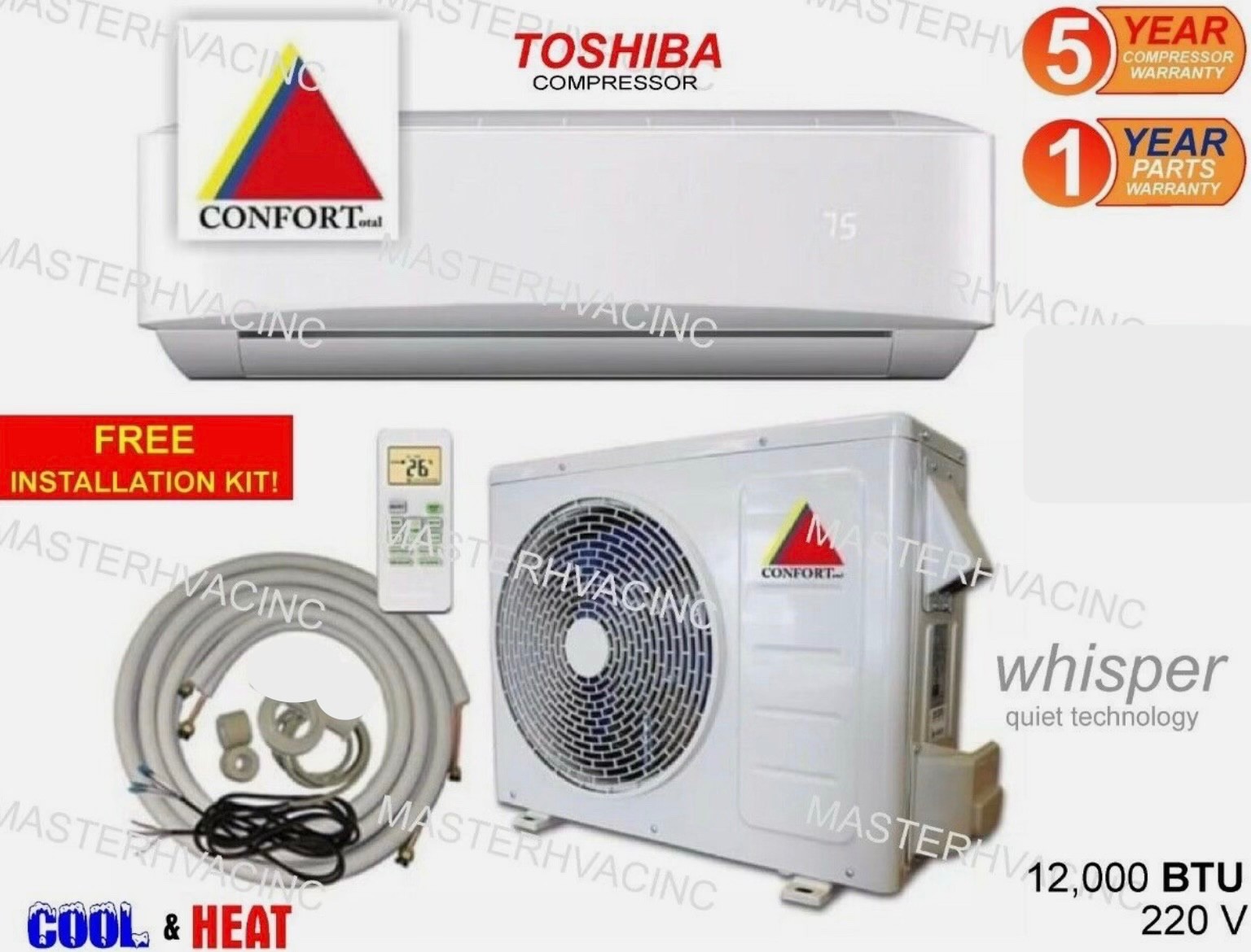 12,000 BTU Mini Split Air Conditioner, Heat Pump ductless 220V 1 Ton With/KIT