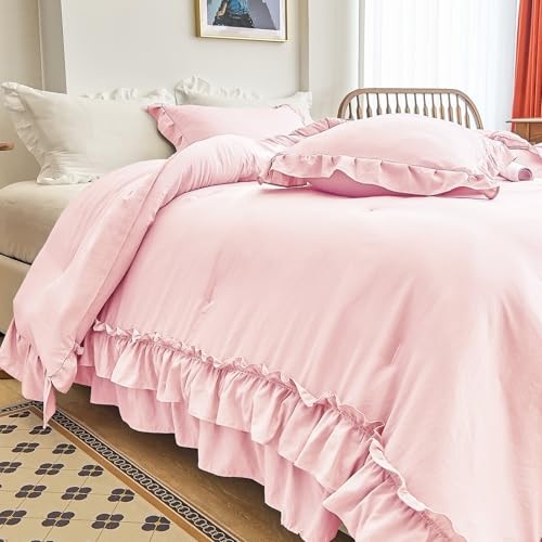 Ruffle Comforter Set 3 Pieces Vintage Ruffle Fringe Queen Peach Pink