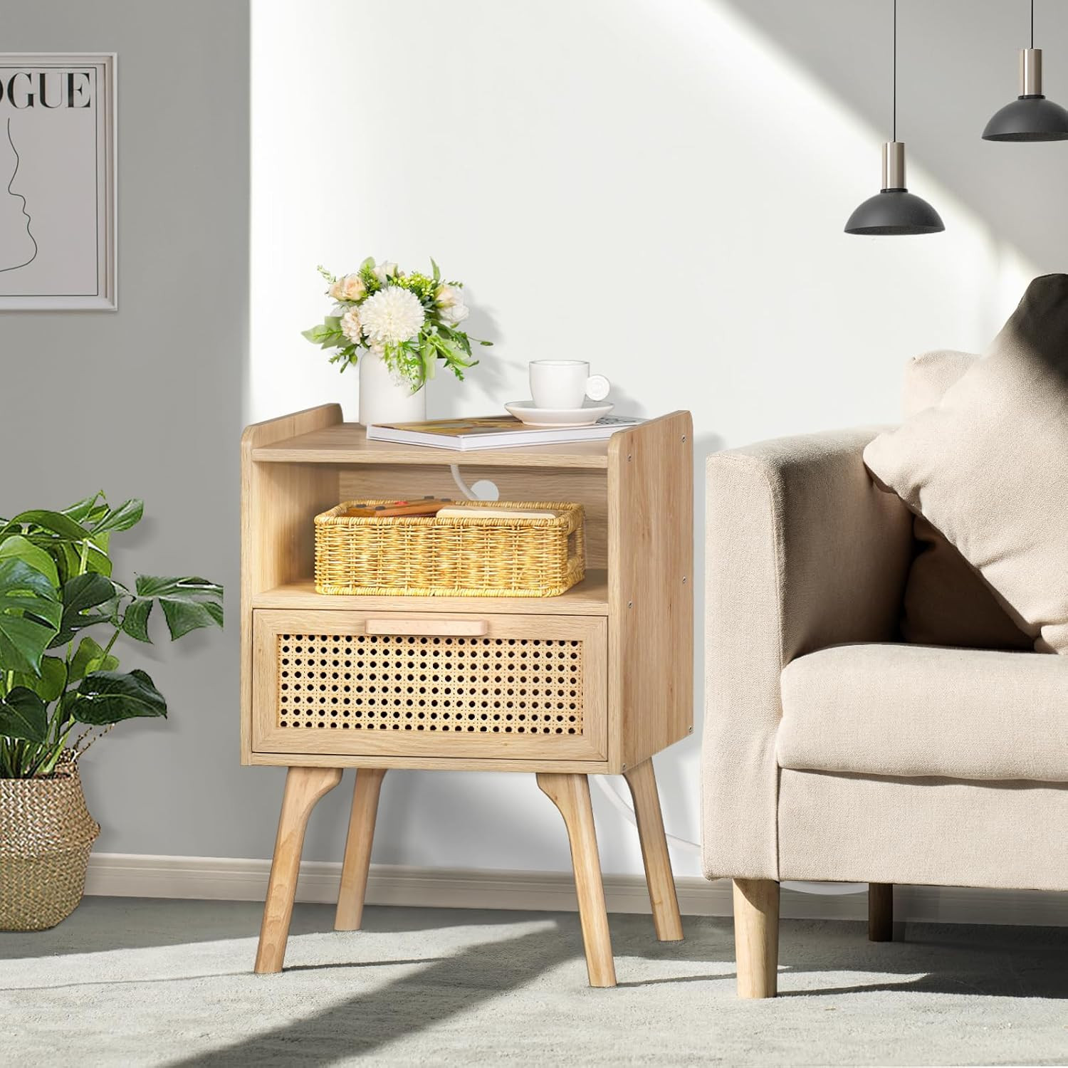Rattan Nightstand with Charging Station, Boho Side Table with Drawer Open Shelf,
