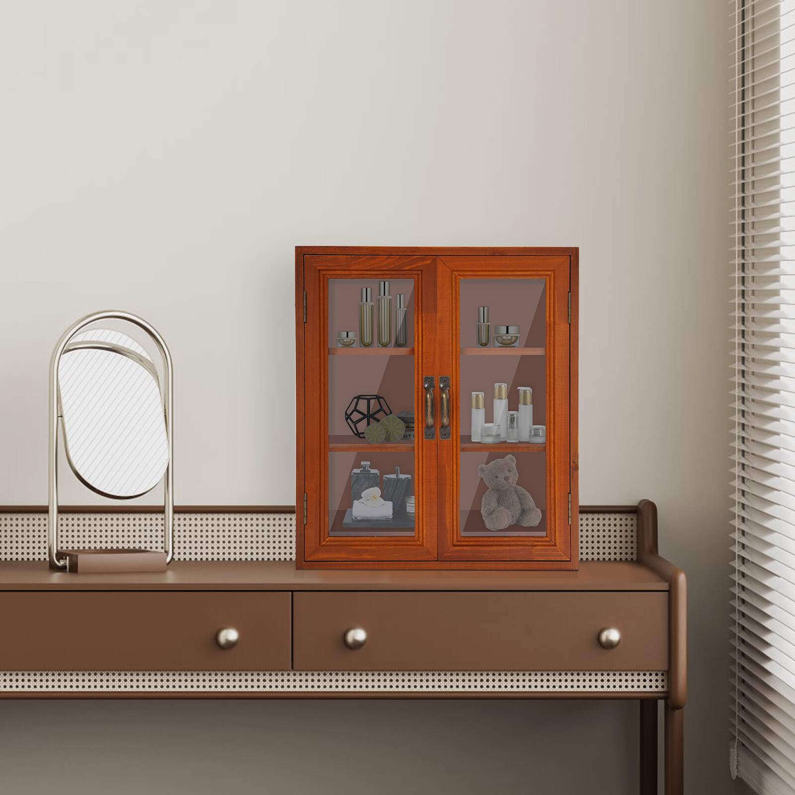 12.09*4.72*14.17in Brown Solid Wood& Acrylic Freestanding 3-tier Storage Cabinet