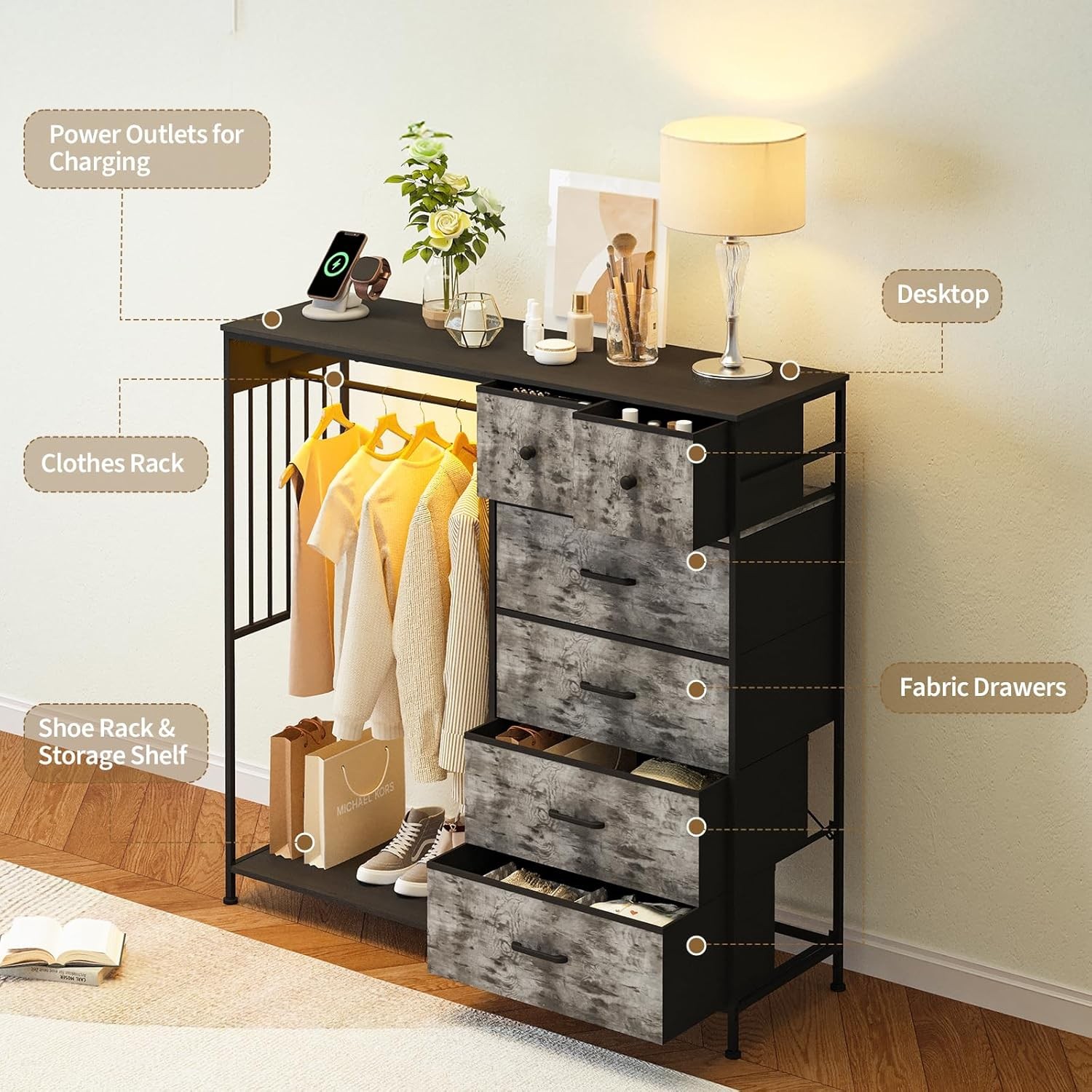Bedroom Storage Center, Dresser/Wardrobe Combo with Hanging Rack, LED Lights