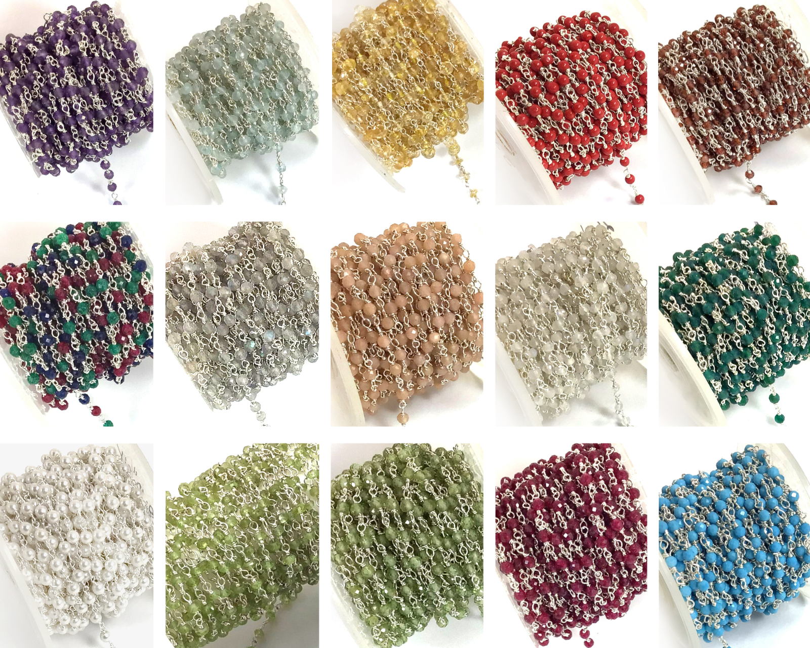 Gemstone Rosary Beaded Wire Silver Chain Faceted Rondelle Sold by FT Bulk Chain