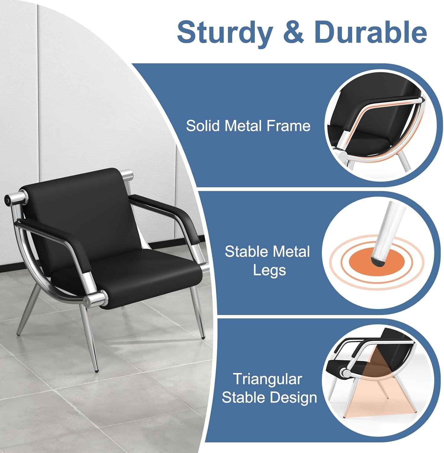 Waiting Room Chairs PU Leather Black Reception Chair Lobby Chairs, Padded Arms