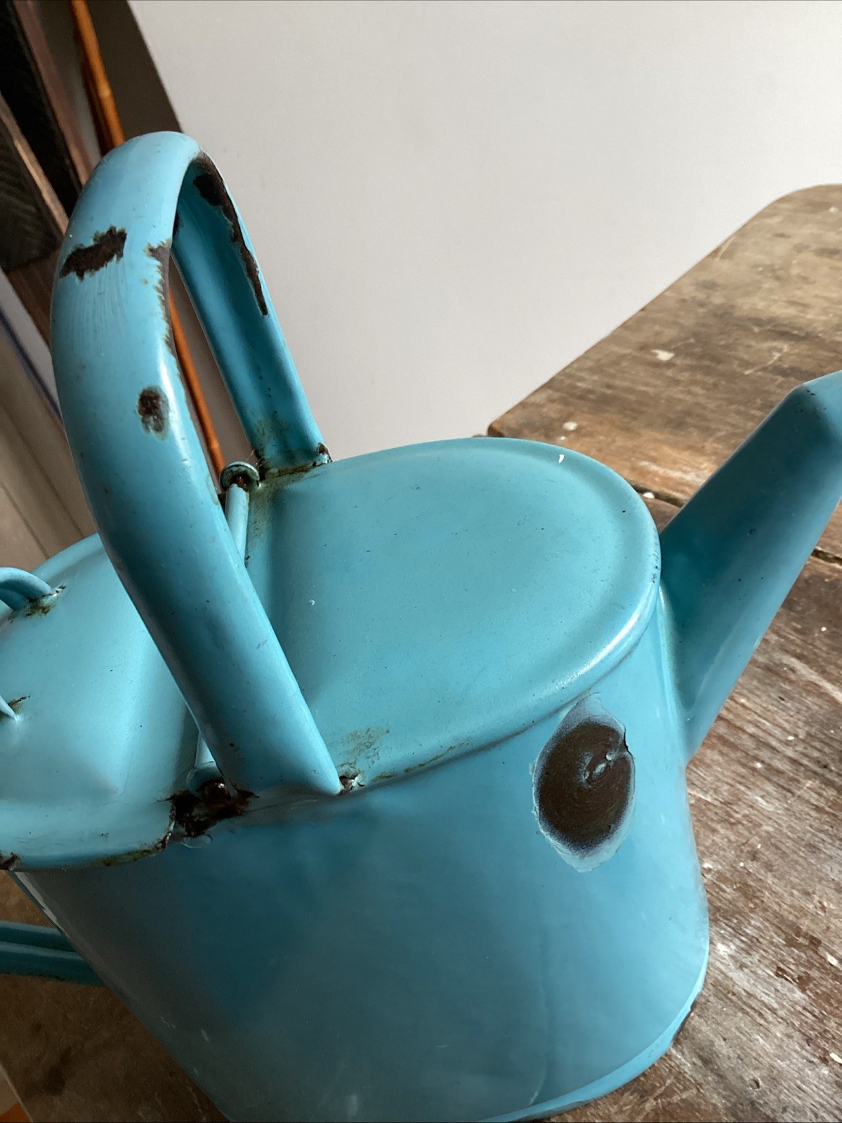 Antique Light Blue Enamel Ware Watering Can c1900 European Vintage