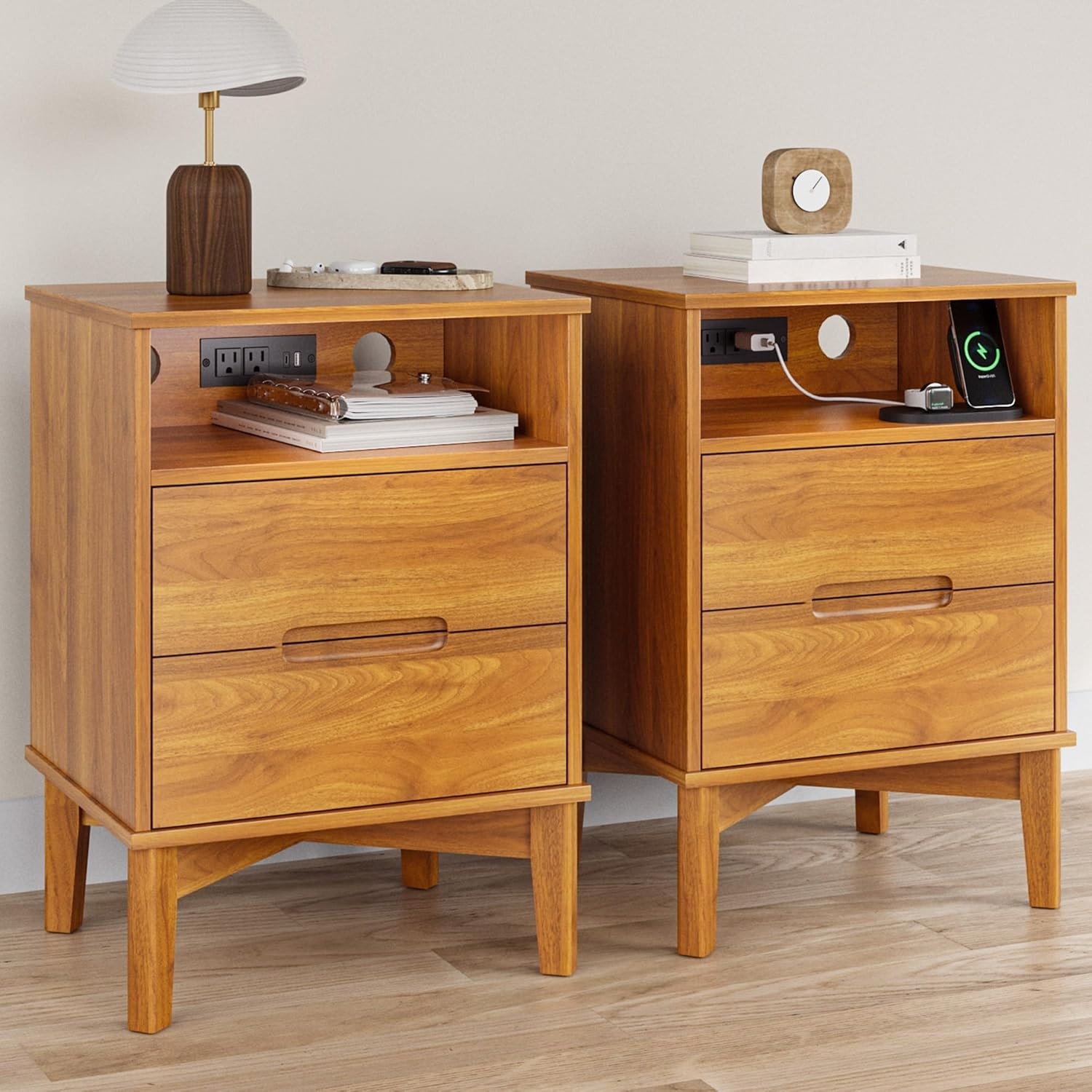A set (2 pieces) of Mid-Century Modern nightstands with charging function
