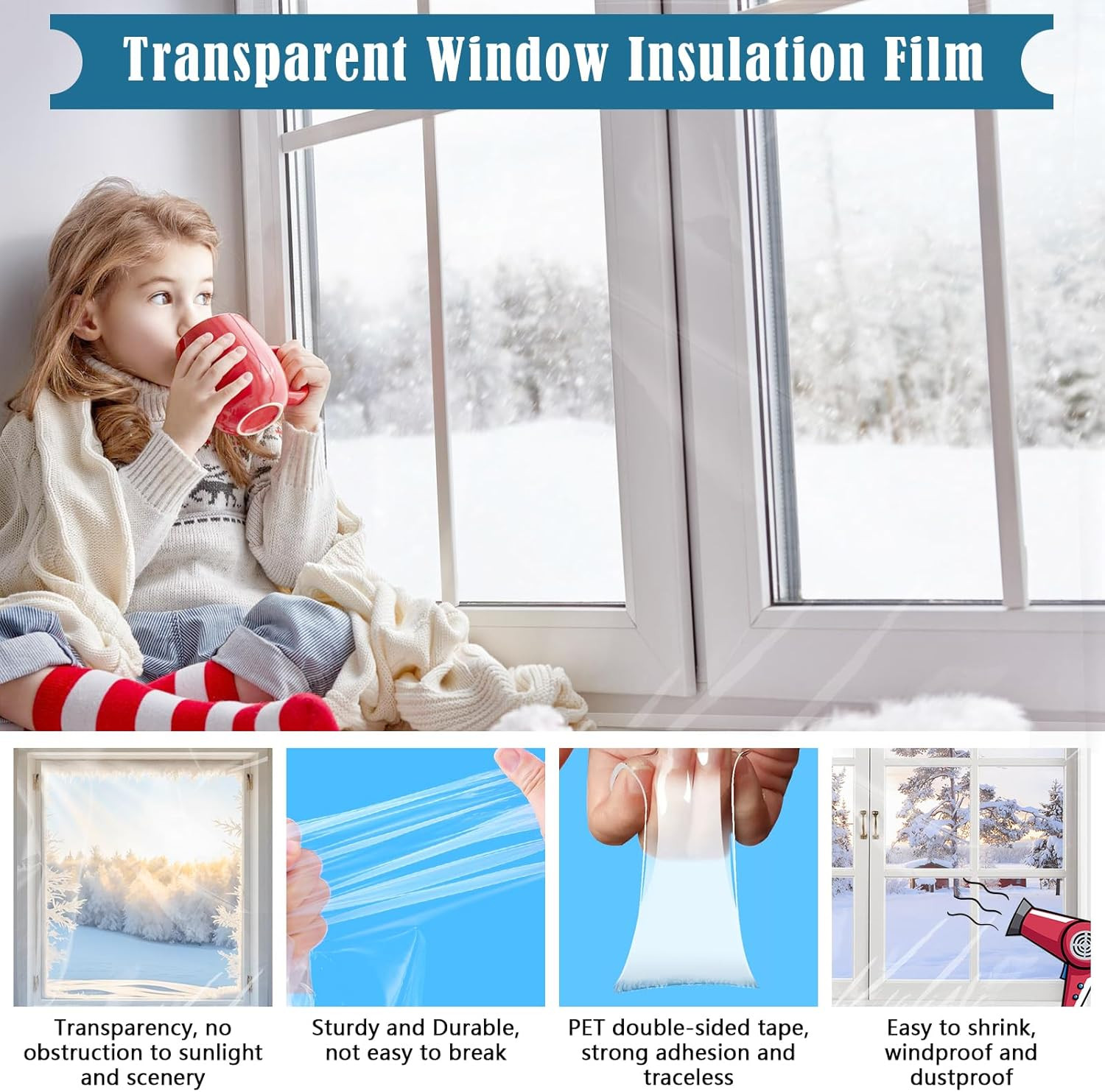 Window Insulation Kit, 63 × 394 Inch Plastic Window Coverings for Winter, Thicke