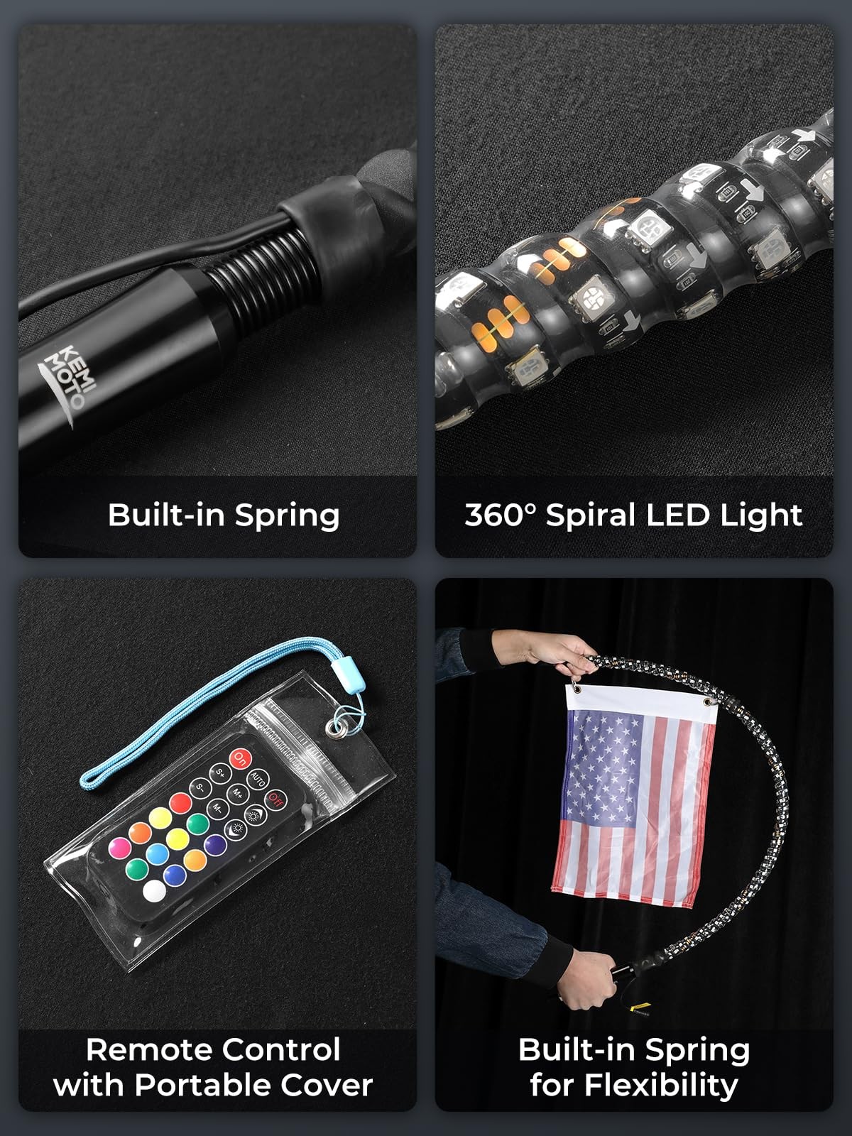 KEMIMOTO 2pc 3ft Bluetooth RGB LED Whip Lights for UTV ATV, Turn Signal Function