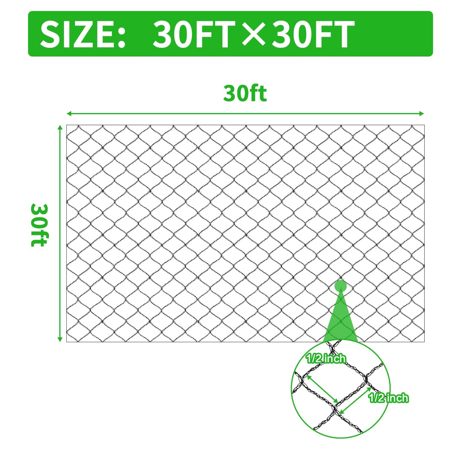 Woven Bird Netting 30x30 FT 1/2 Inch Mesh Heavy Duty Garden Pest Barrier