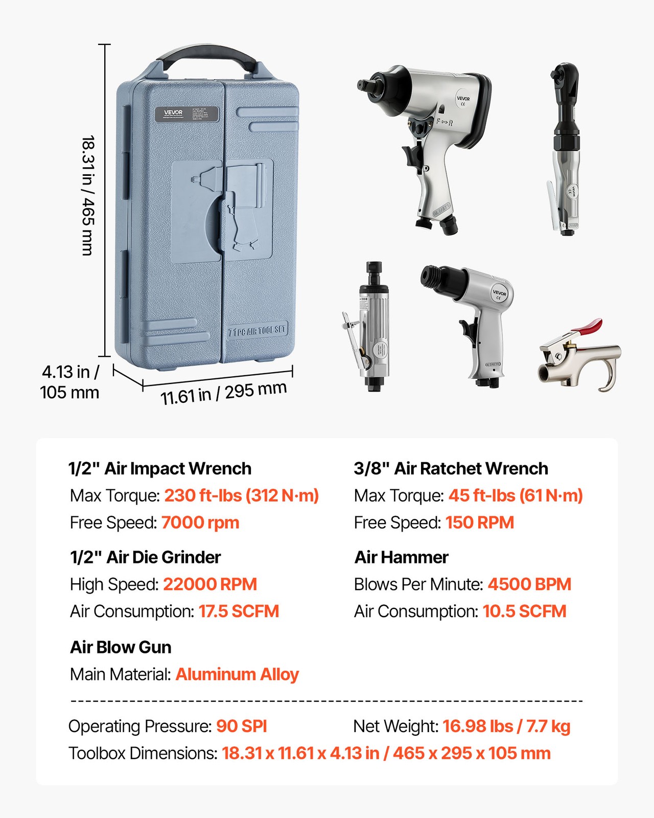 VEVOR 71PCS Pro Air Tool and Accessories Kit Impact & Ratchet Wrench Die Grinder