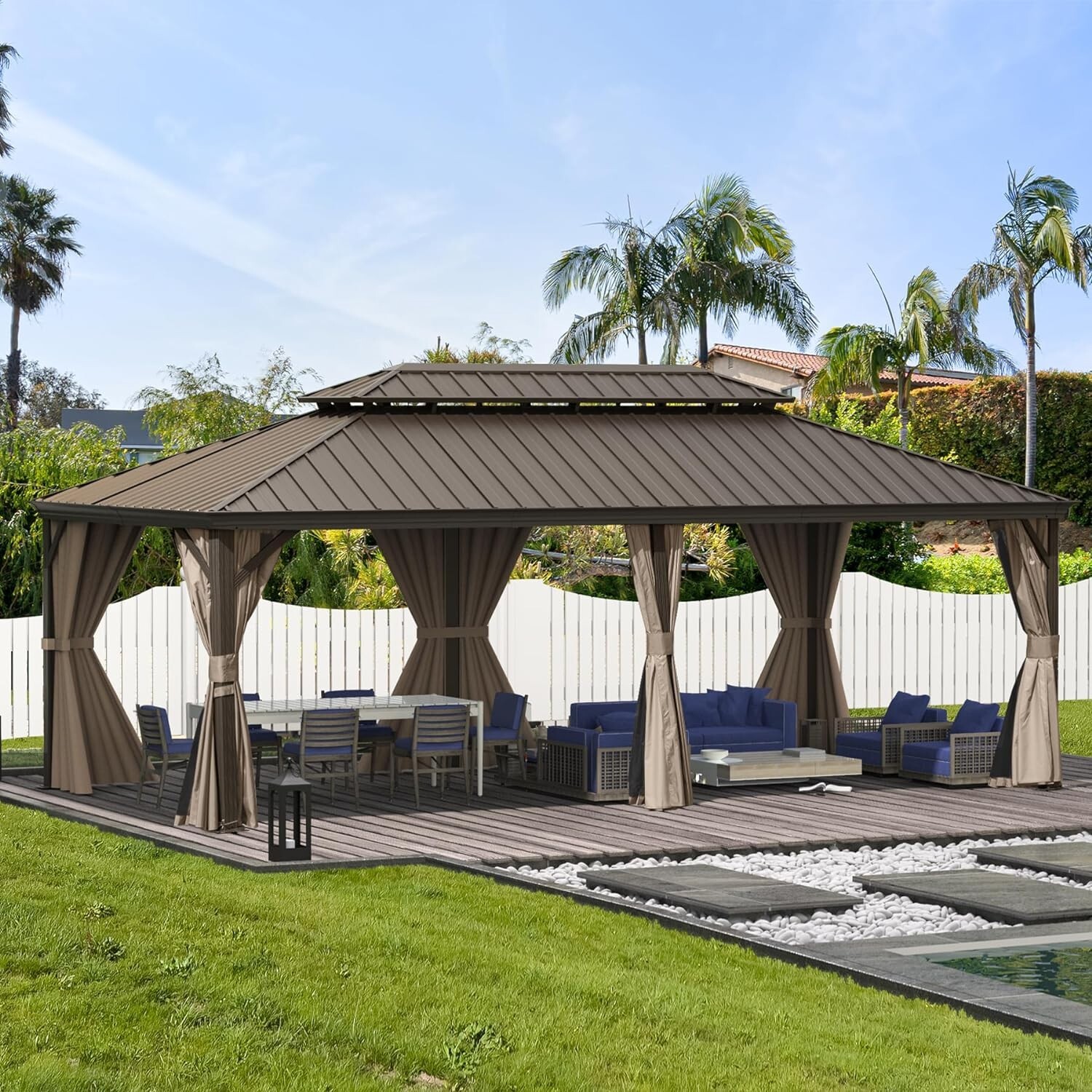 14' x 24' Outdoor Hardtop Gazebo Aluminum Brown Frame w/Sidewalls Double Roof