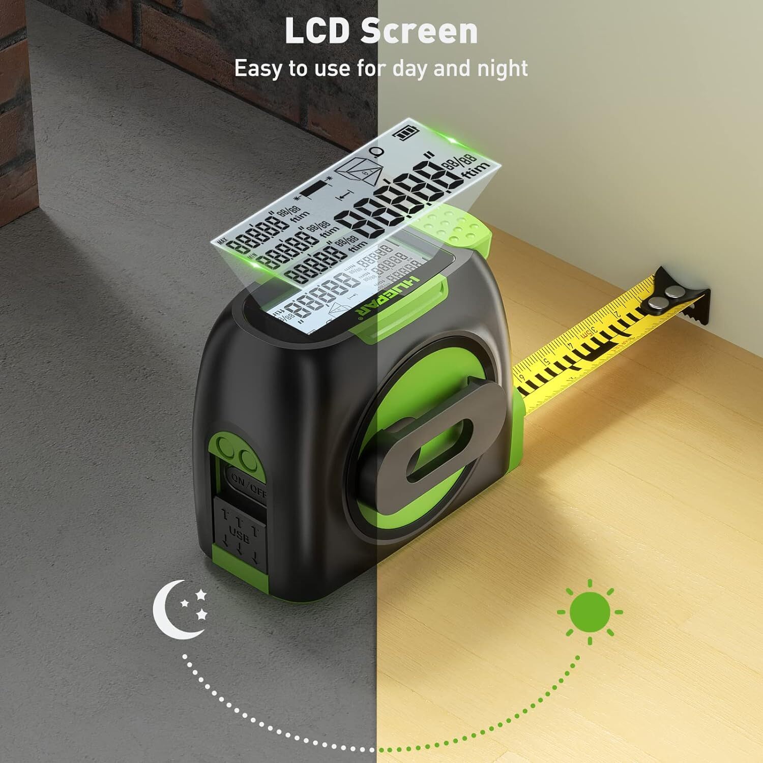Huepar 2-in-1 Laser Tape Measure,197Ft Rechargeable Laser Measurement Tool & LCD
