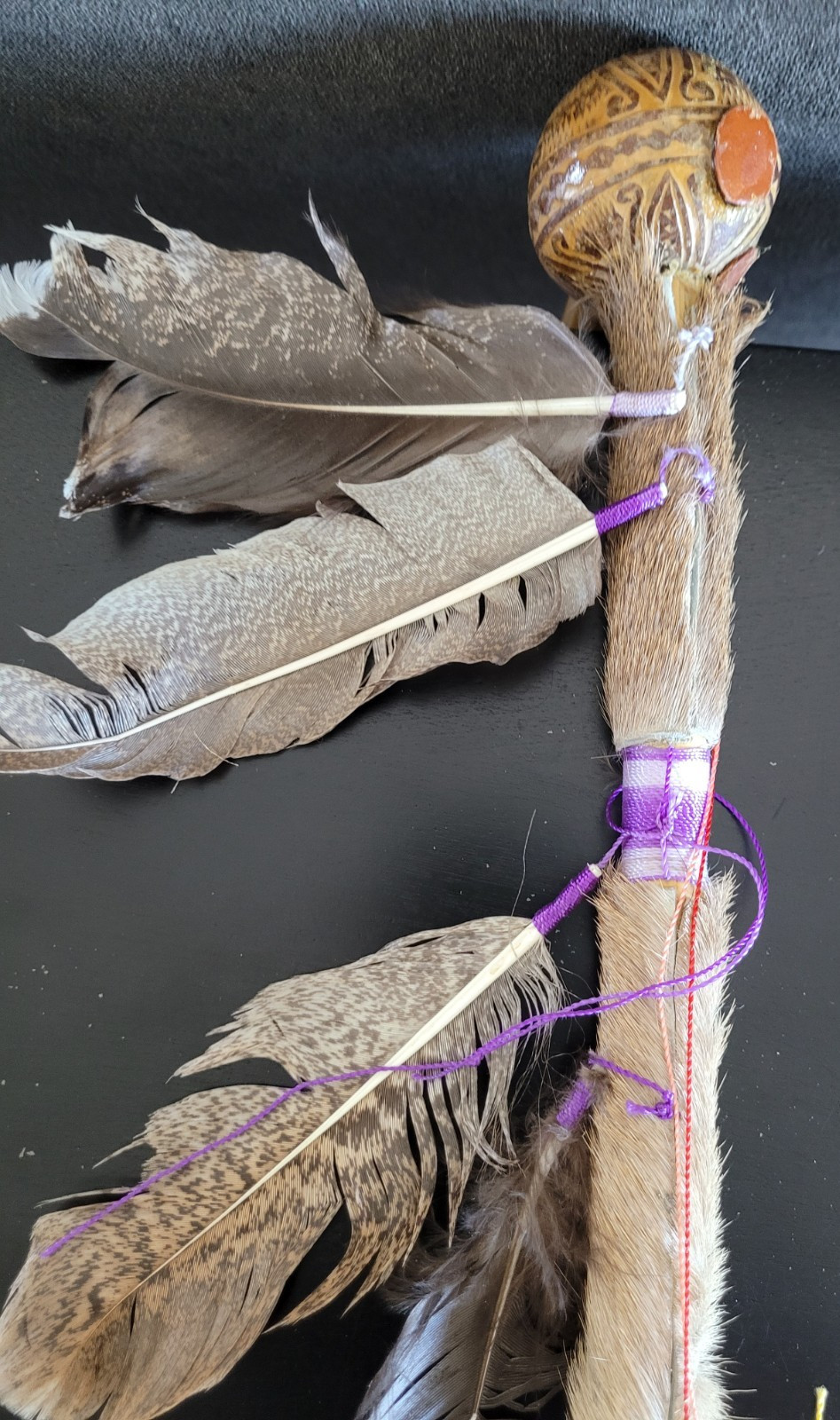 Vtg Native American Navajo Talking Ceremonial Stick Turkey Feather Deer Fur